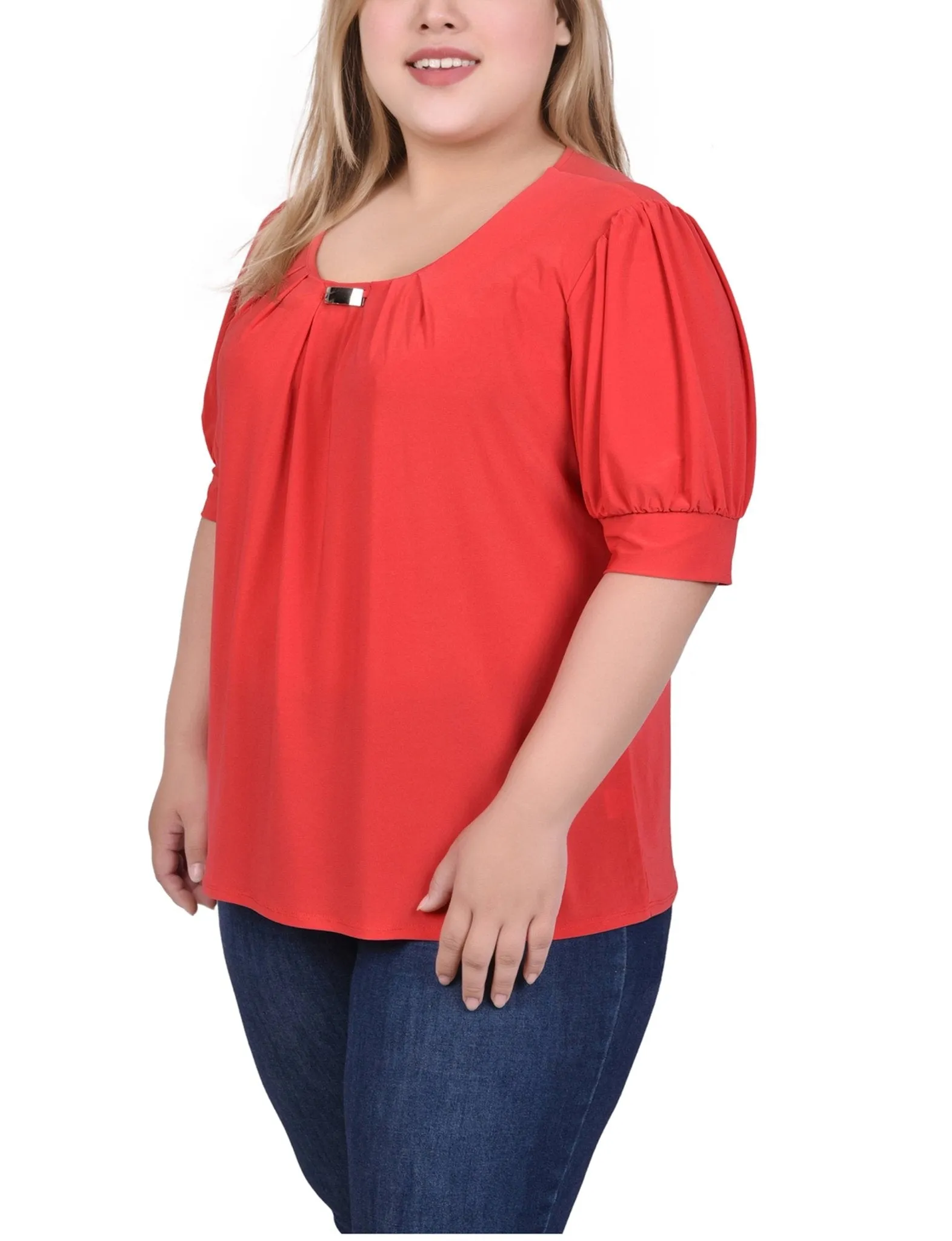 Chinese Red Short Sleeve Balloon Sleeve Top With Hardware - Plus sold by Dress Barn product image thumbnail 2
