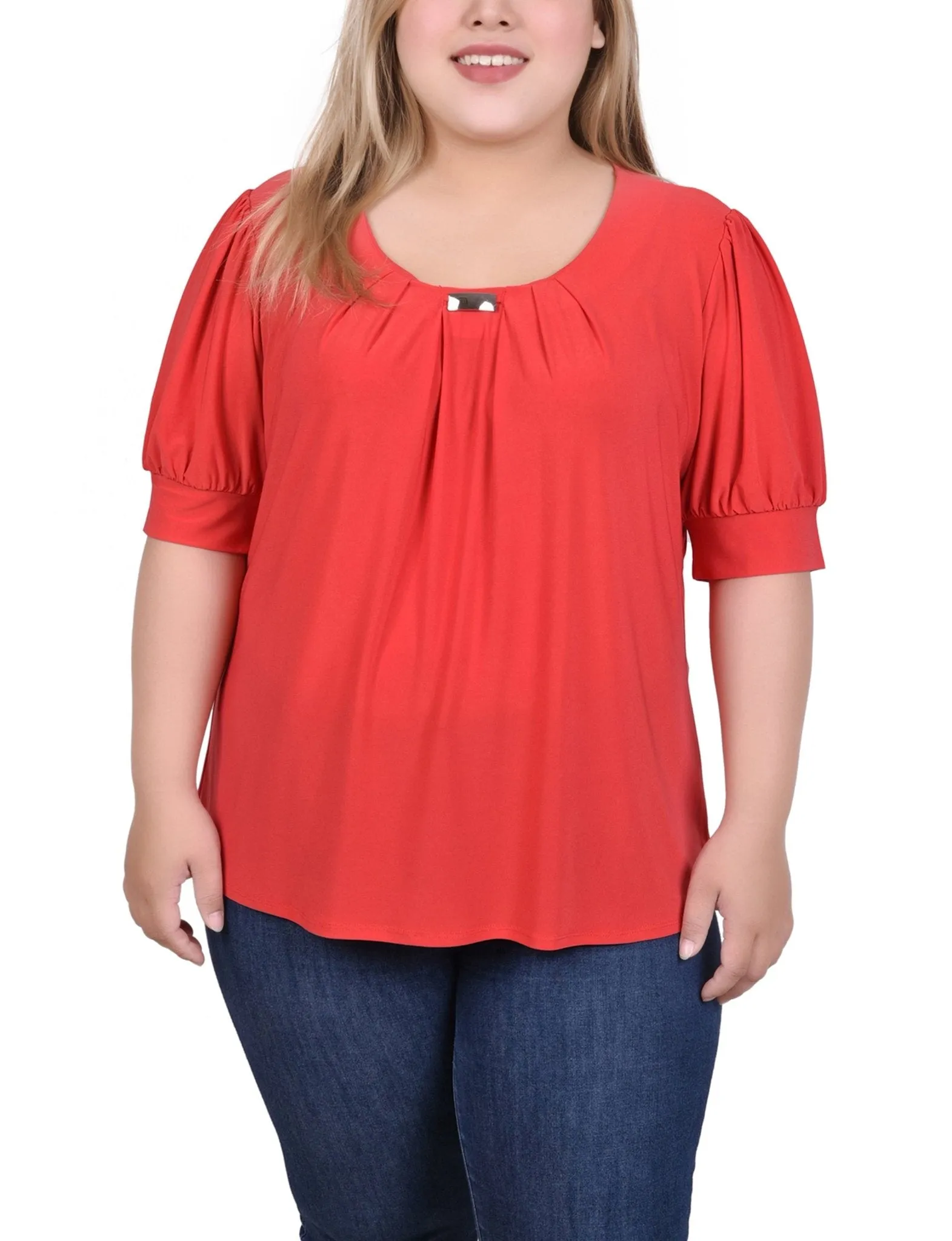 Chinese Red Short Sleeve Balloon Sleeve Top With Hardware - Plus sold by Dress Barn