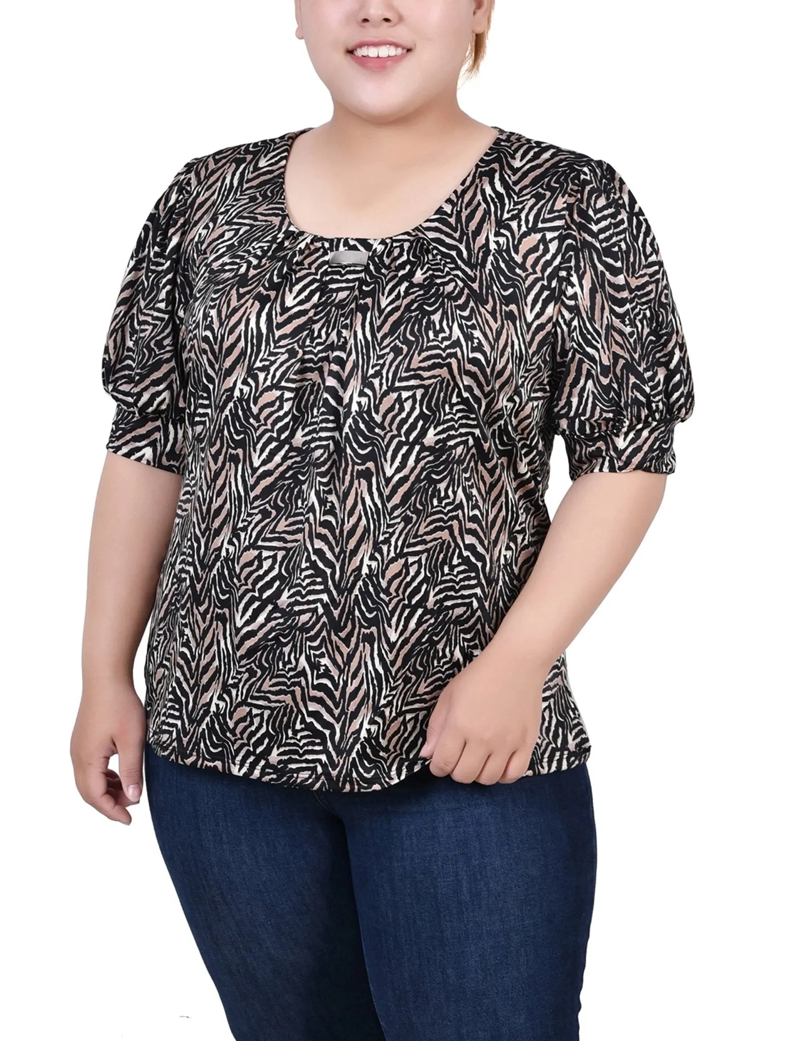Black Taupe Zebra Short Sleeve Balloon Sleeve Top With Hardware - Plus sold by Dress Barn