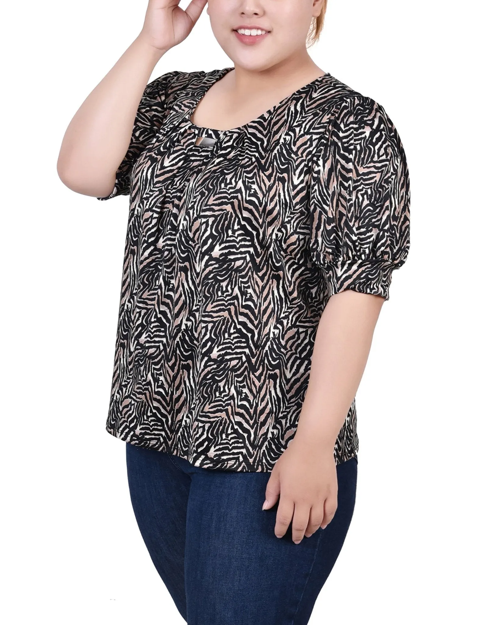 Black Taupe Zebra Short Sleeve Balloon Sleeve Top With Hardware - Plus sold by Dress Barn product image thumbnail 2