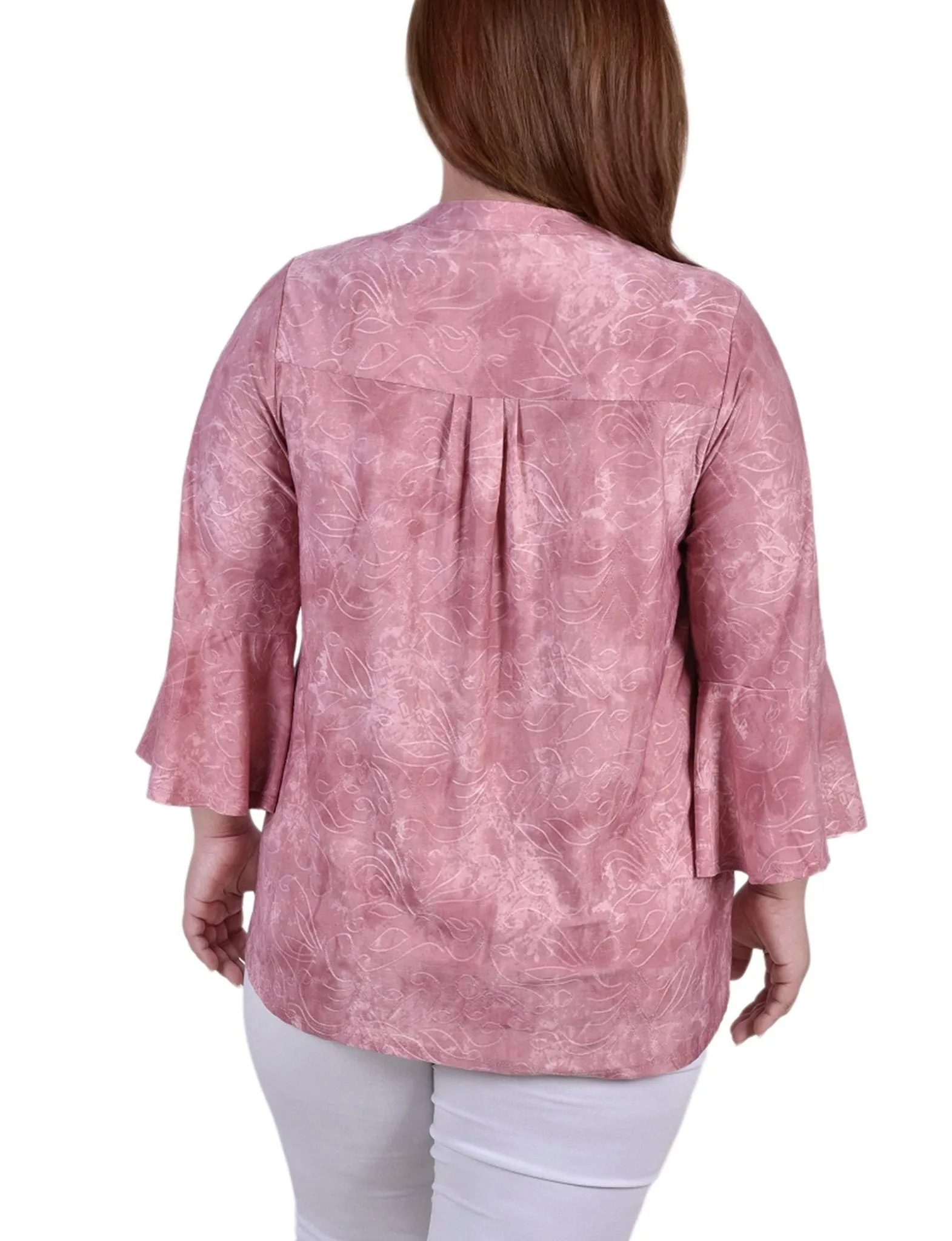 Mauve Tie Dye 3/4 Bell Sleeve Pleat Front Y Neck Top - Plus sold by Dress Barn product image thumbnail 4