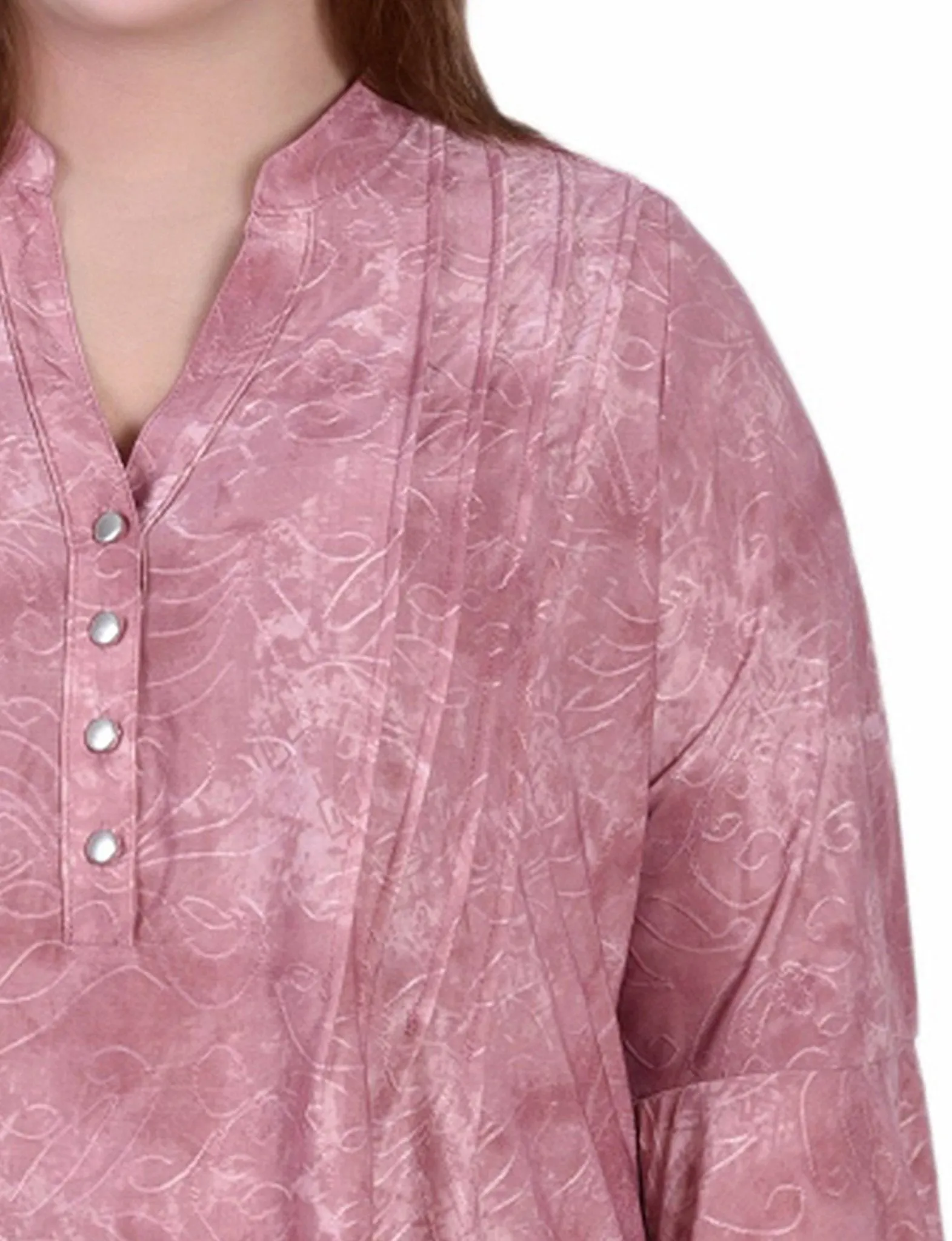 Mauve Tie Dye 3/4 Bell Sleeve Pleat Front Y Neck Top - Plus sold by Dress Barn product image thumbnail 3