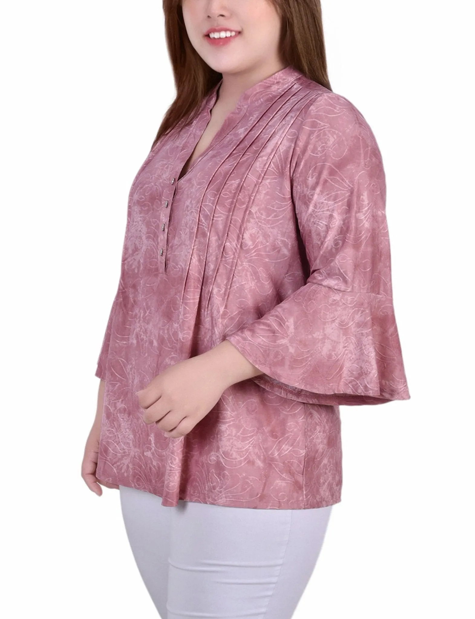Mauve Tie Dye 3/4 Bell Sleeve Pleat Front Y Neck Top - Plus sold by Dress Barn product image thumbnail 2