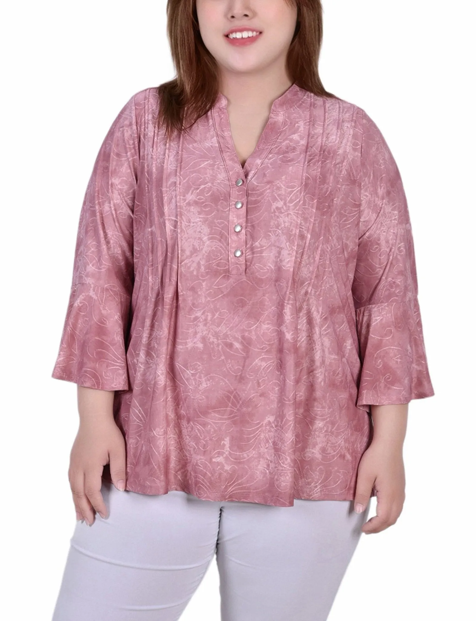 Mauve Tie Dye 3/4 Bell Sleeve Pleat Front Y Neck Top - Plus sold by Dress Barn