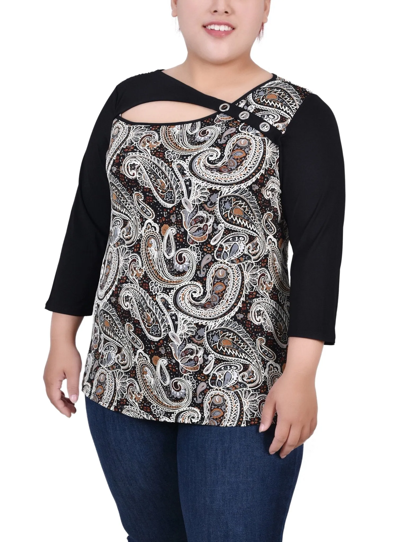 Brown Paisley 3/4 Sleeve Blouse With Necklace - Petite sold by Dress Barn
