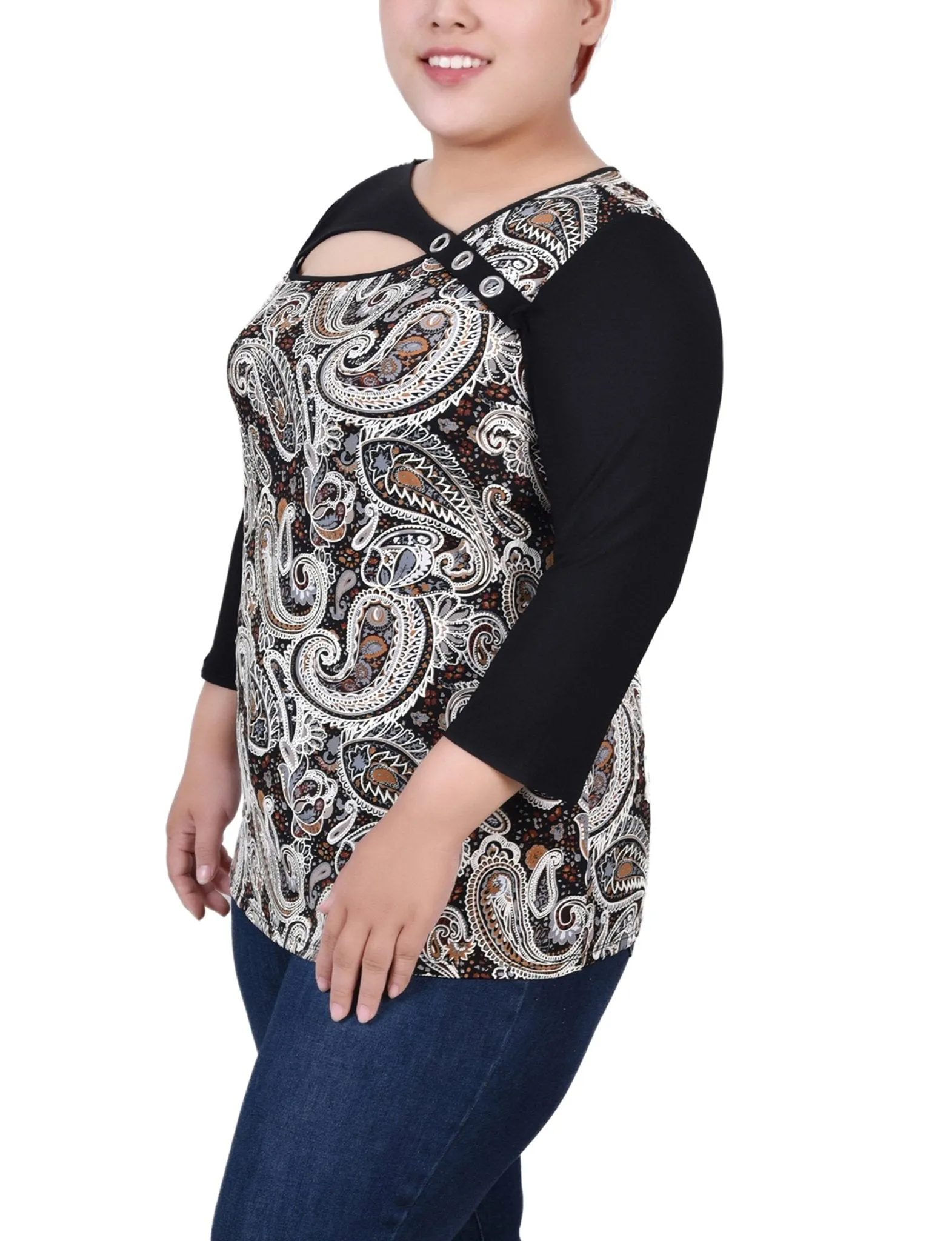 Brown Paisley 3/4 Sleeve Blouse With Necklace - Petite sold by Dress Barn product image thumbnail 2