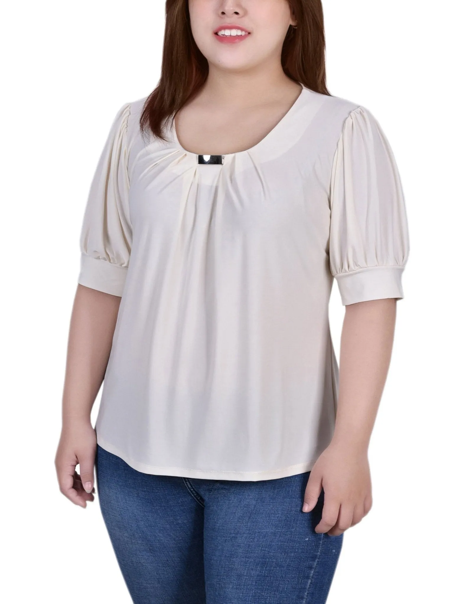 Pristine Short Sleeve Balloon Sleeve Top With Hardware - Plus sold by Dress Barn
