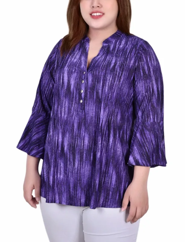Purple Stripe 3/4 Bell Sleeve Pleat Front Y Neck Top - Plus sold by Dress Barn