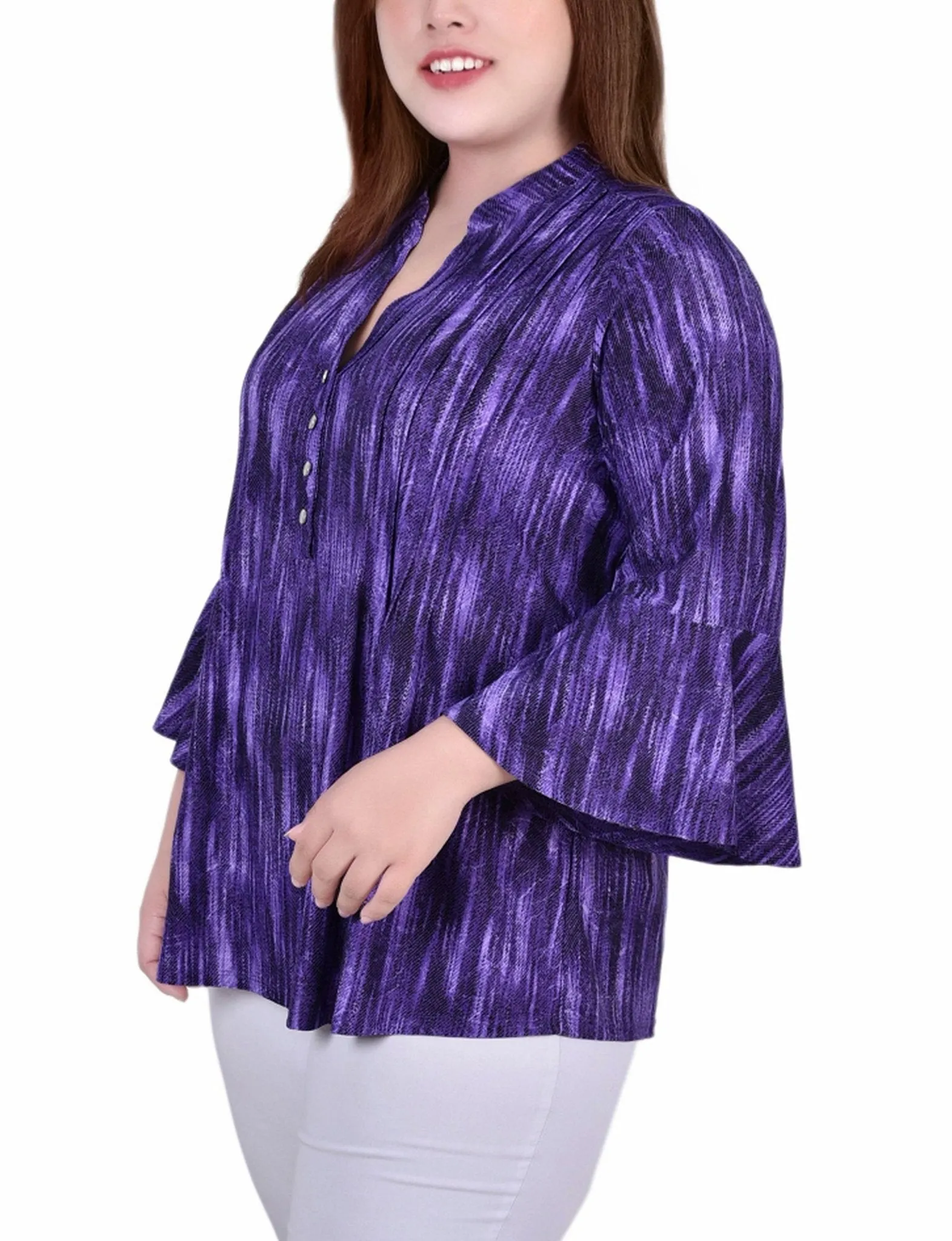 Purple Stripe 3/4 Bell Sleeve Pleat Front Y Neck Top - Plus sold by Dress Barn product image thumbnail 2