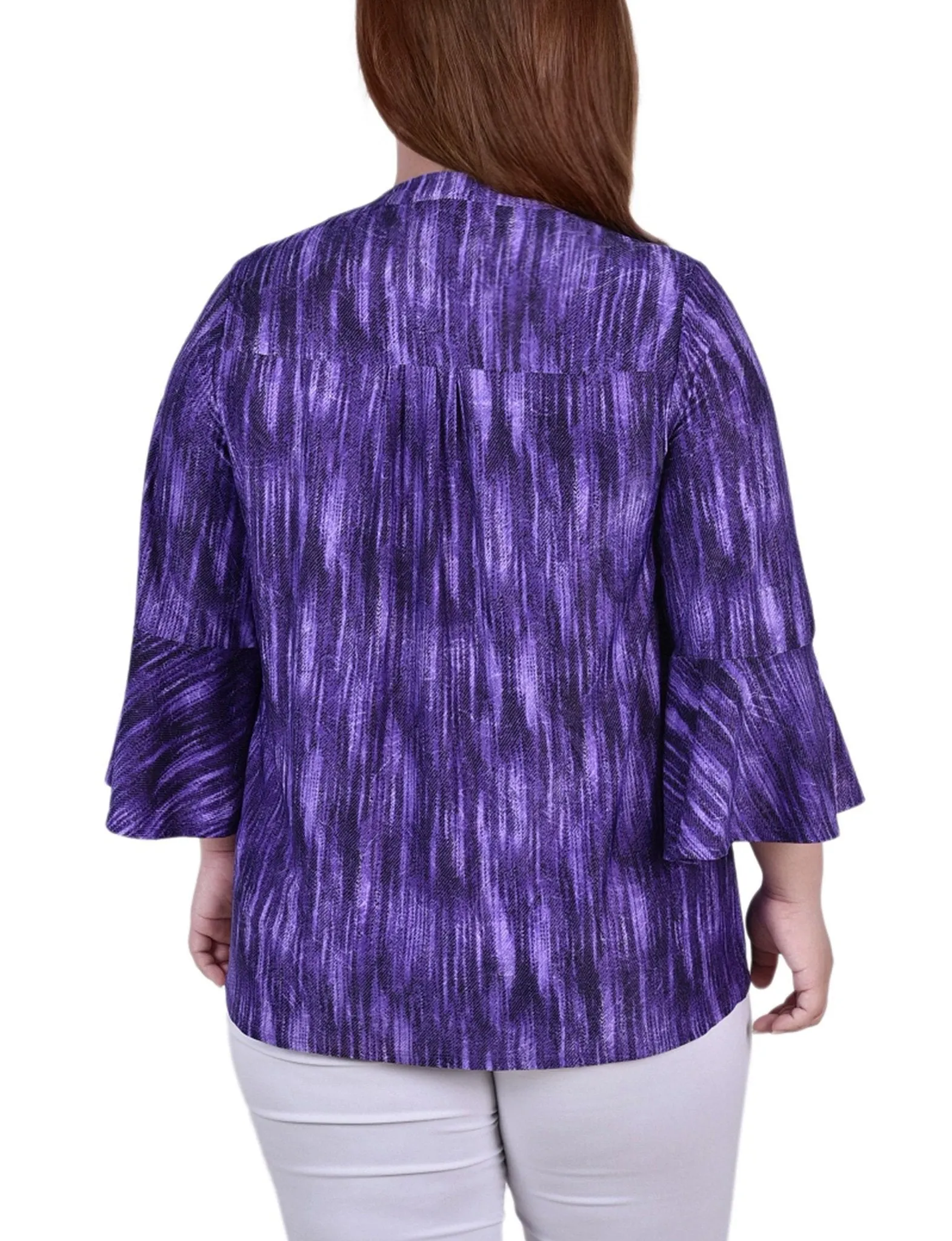 Purple Stripe 3/4 Bell Sleeve Pleat Front Y Neck Top - Plus sold by Dress Barn product image thumbnail 4
