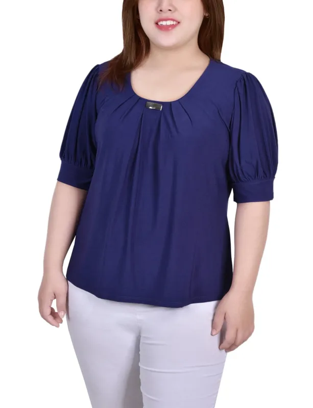 Patriot Blue Short Sleeve Balloon Sleeve Top With Hardware - Plus sold by Dress Barn