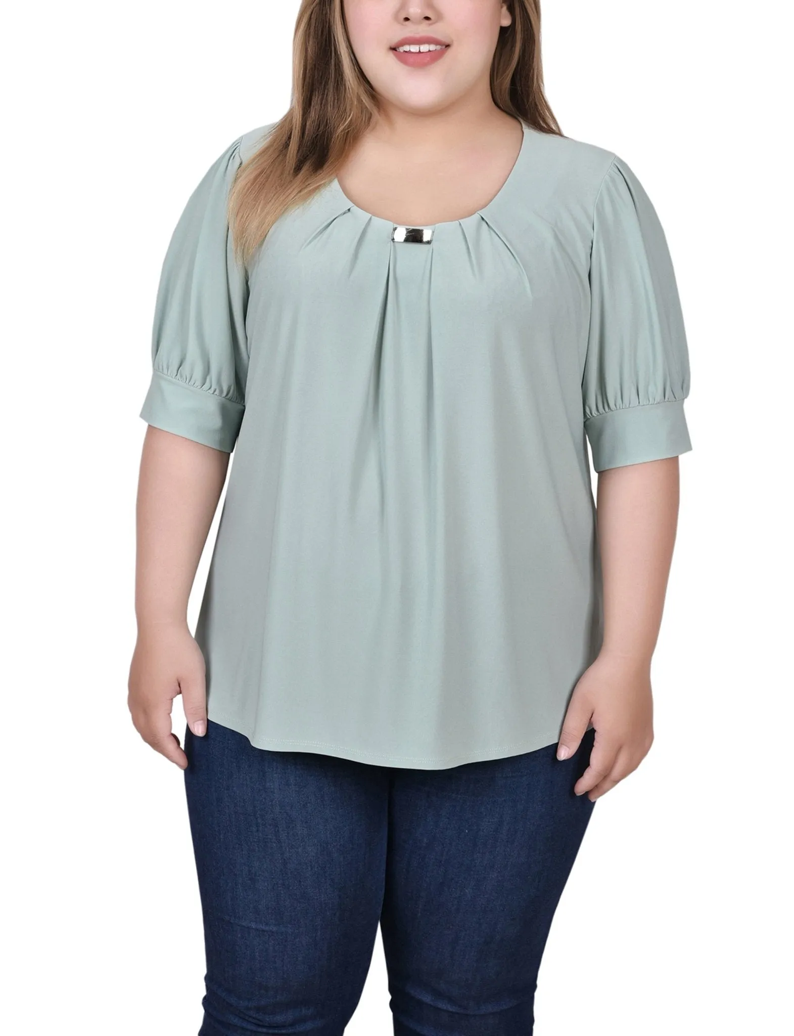 Frosty Green Short Sleeve Balloon Sleeve Top With Hardware - Plus sold by Dress Barn