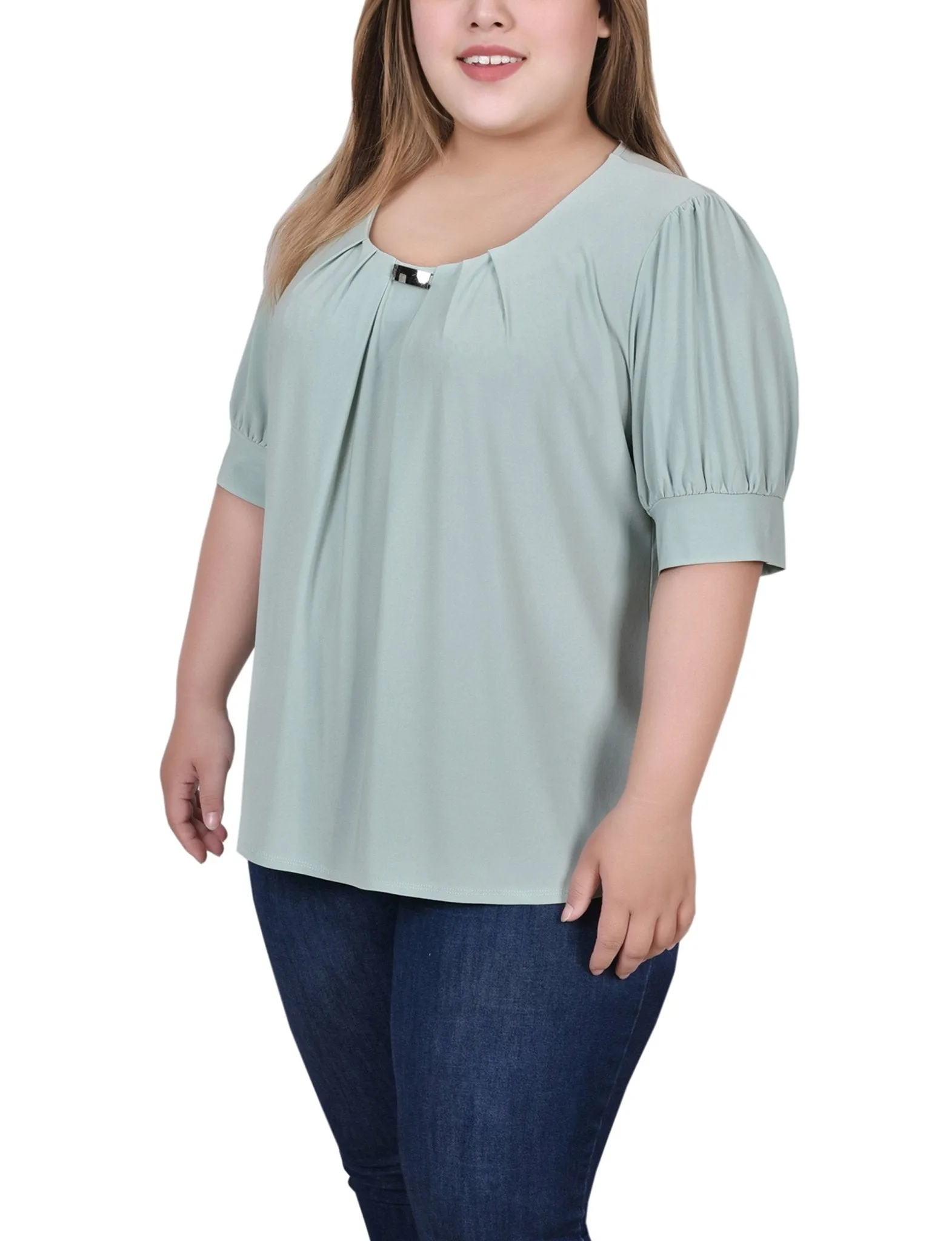 Frosty Green Short Sleeve Balloon Sleeve Top With Hardware - Plus sold by Dress Barn product image thumbnail 2