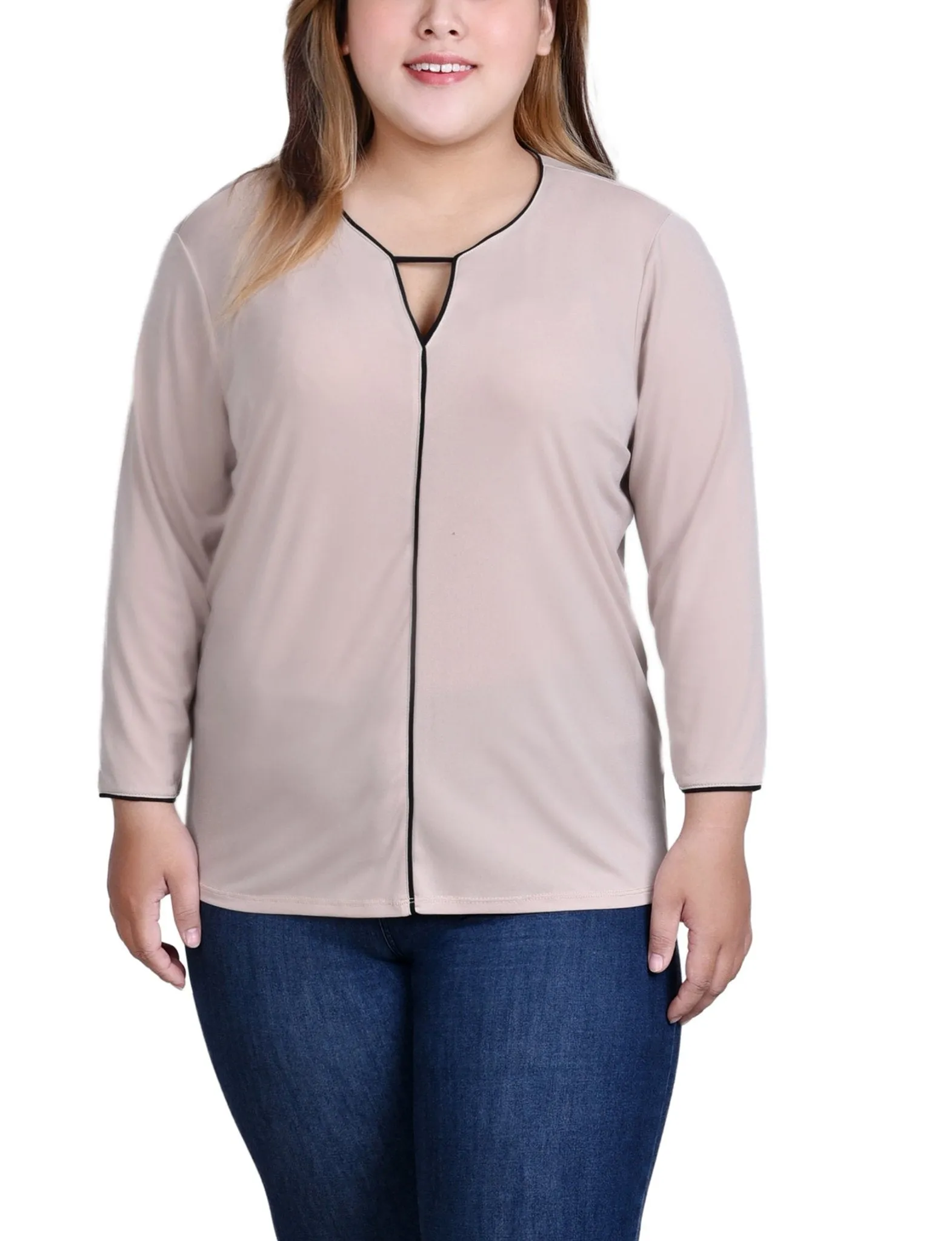 Nomad Black 3/4 Sleeve Piped Top - Plus sold by Dress Barn