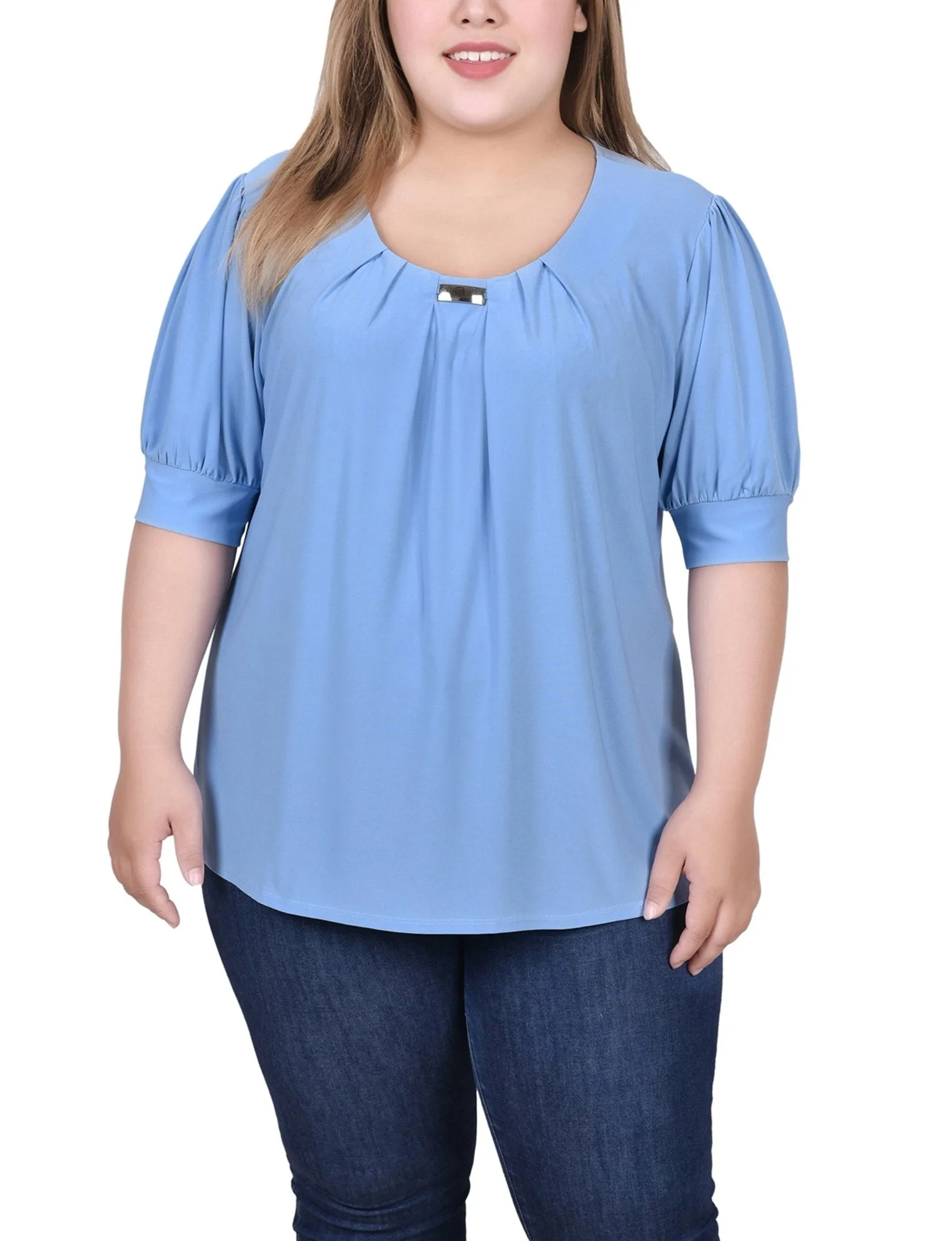 Silver Lake Blue Short Sleeve Balloon Sleeve Top With Hardware - Plus sold by Dress Barn