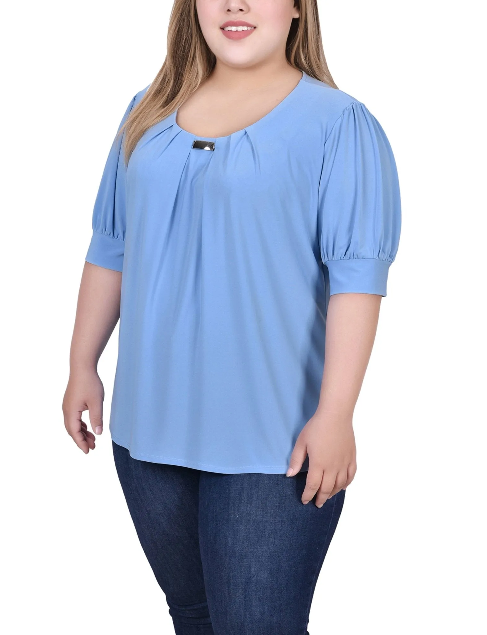 Silver Lake Blue Short Sleeve Balloon Sleeve Top With Hardware - Plus sold by Dress Barn product image thumbnail 2
