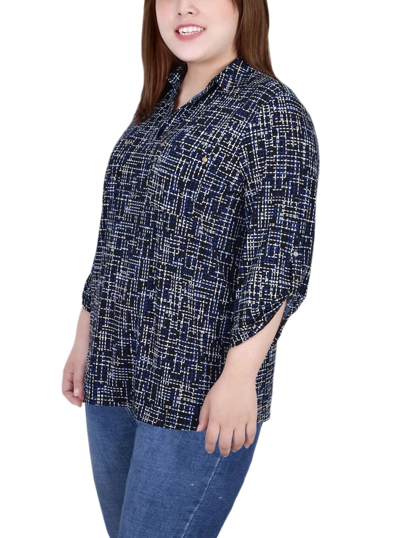 Royal Abstract 3/4 Roll Tab Sleeve Studded Y Neck Top - Plus sold by Dress Barn product image thumbnail 2