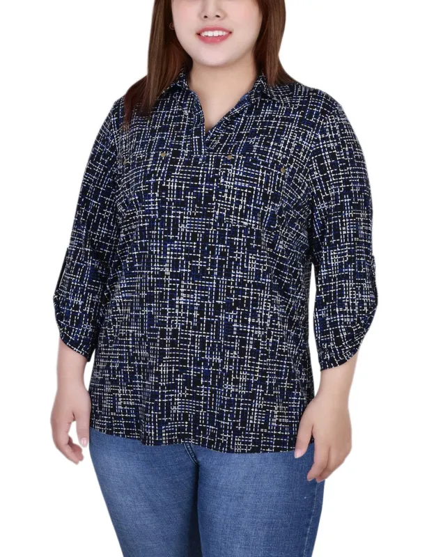 Royal Abstract 3/4 Roll Tab Sleeve Studded Y Neck Top - Plus sold by Dress Barn