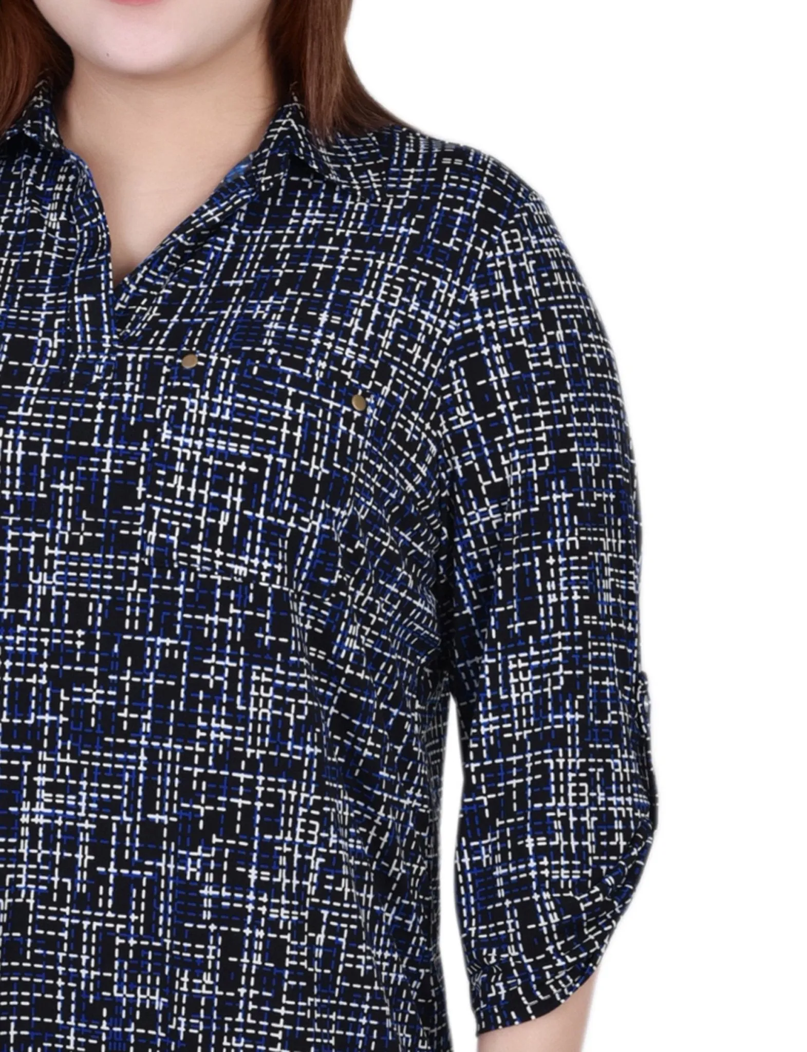 Royal Abstract 3/4 Roll Tab Sleeve Studded Y Neck Top - Plus sold by Dress Barn product image thumbnail 3