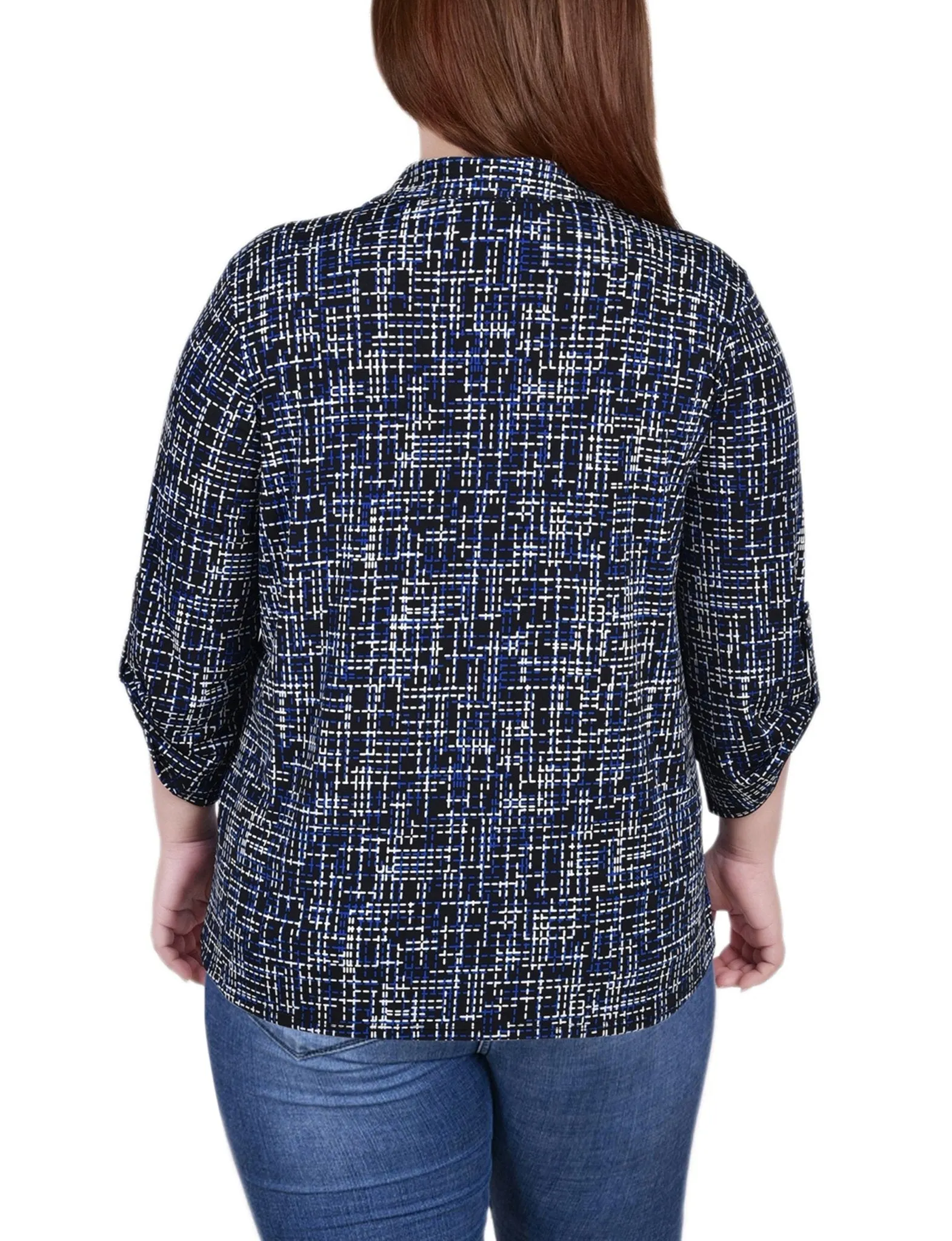 Royal Abstract 3/4 Roll Tab Sleeve Studded Y Neck Top - Plus sold by Dress Barn product image thumbnail 4