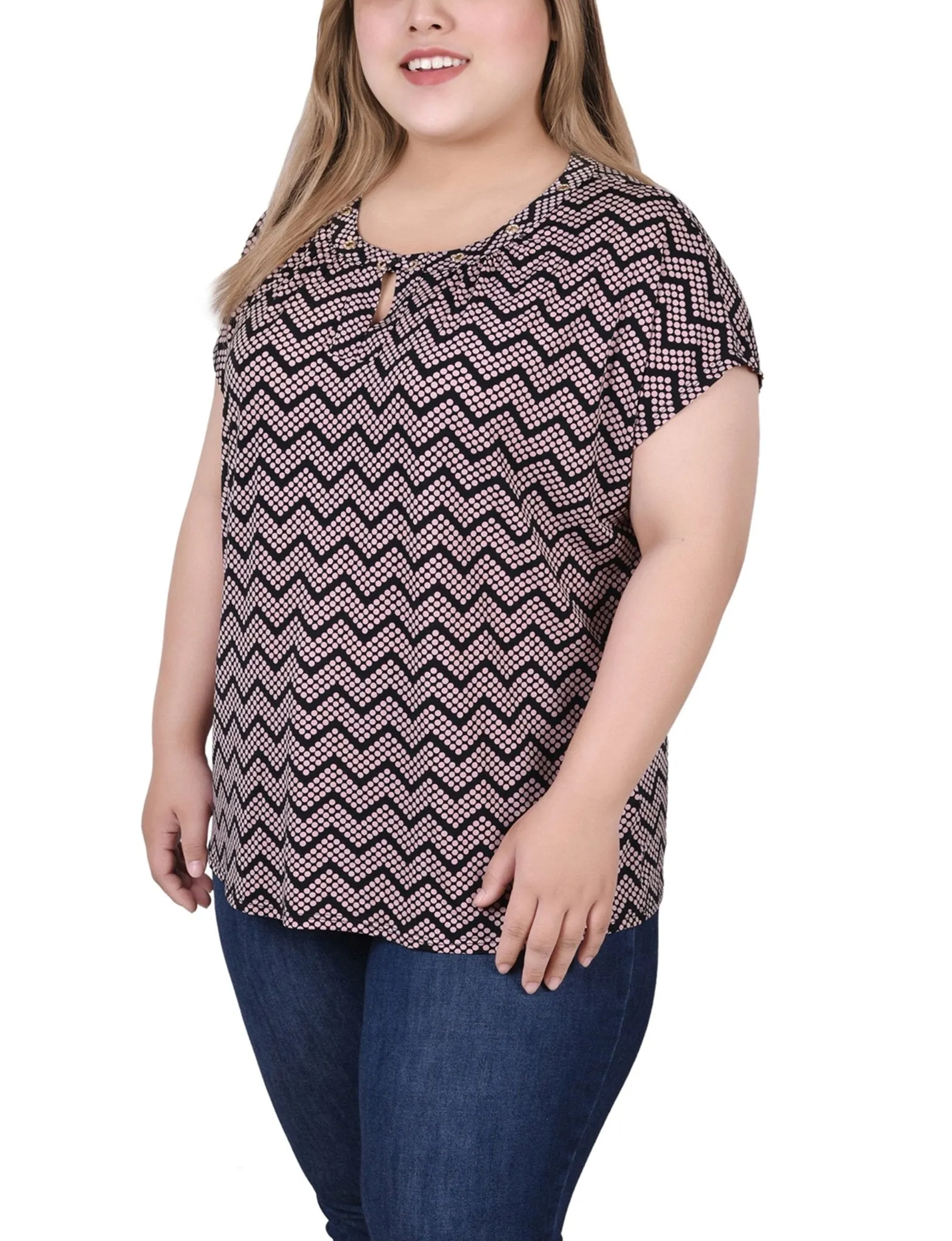 Black Lilas Zigzag Dots 3/4 Sleeve Blouse With Necklace - Petite sold by Dress Barn product image thumbnail 2