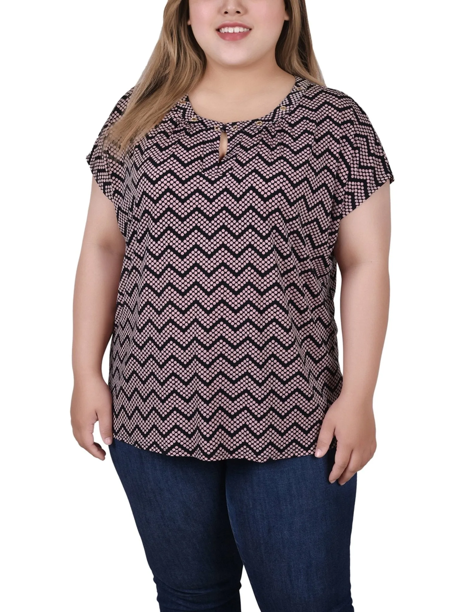 Black Lilas Zigzag Dots 3/4 Sleeve Blouse With Necklace - Petite sold by Dress Barn