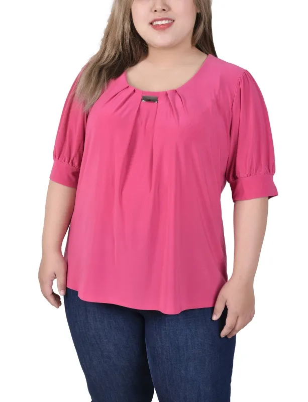 Magenta Short Sleeve Balloon Sleeve Top With Hardware - Plus sold by Dress Barn