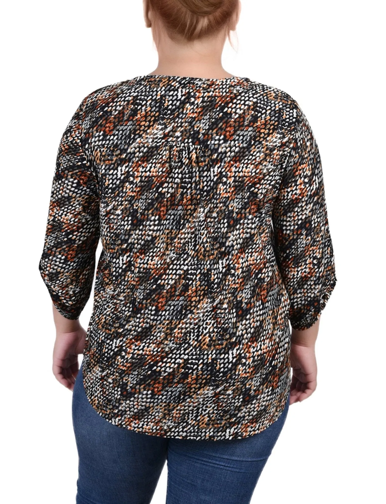 Black Grey Rust Geo 3/4 Roll Tap Pullover Top - Plus sold by Dress Barn product image thumbnail 4