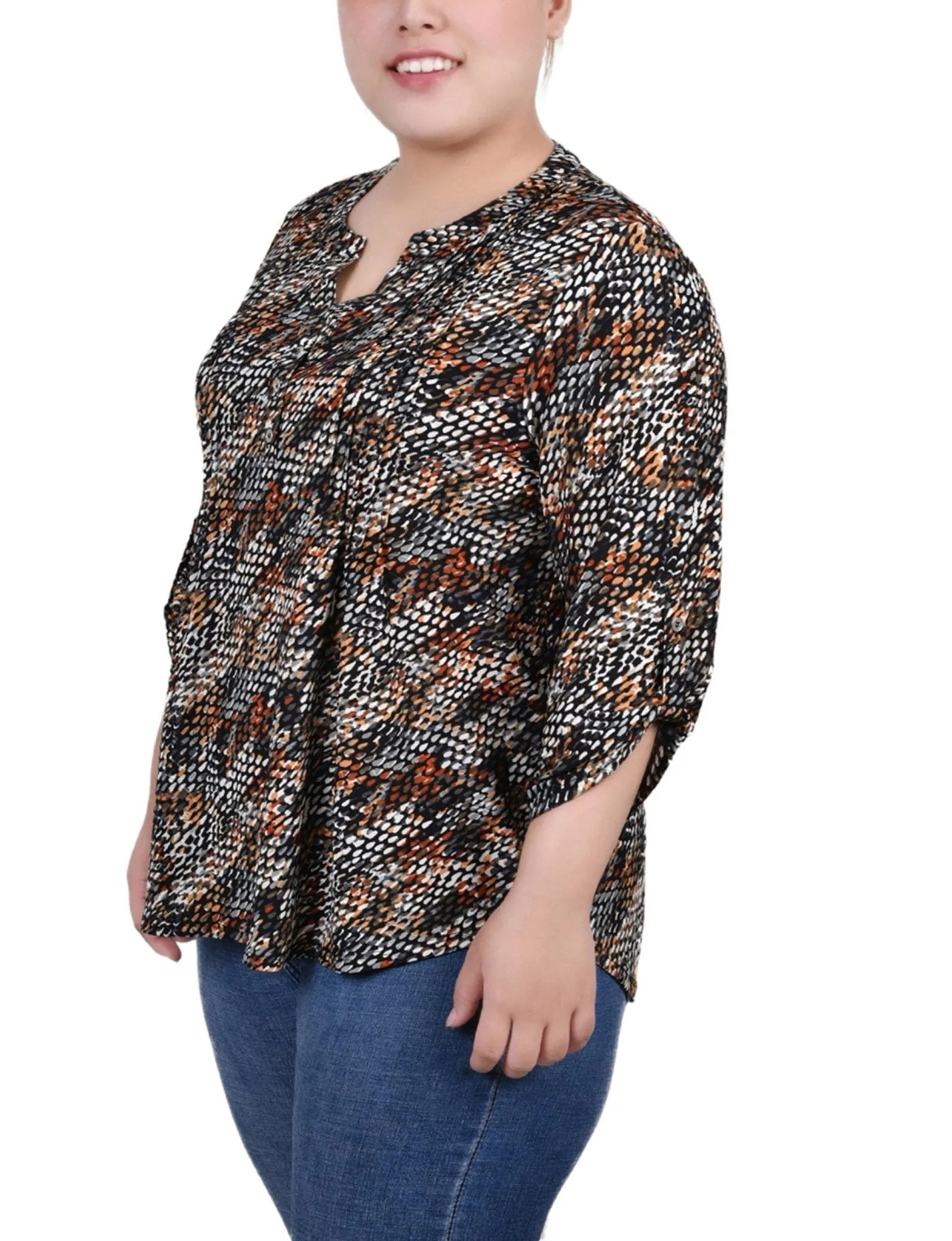 Black Grey Rust Geo 3/4 Roll Tap Pullover Top - Plus sold by Dress Barn product image thumbnail 2