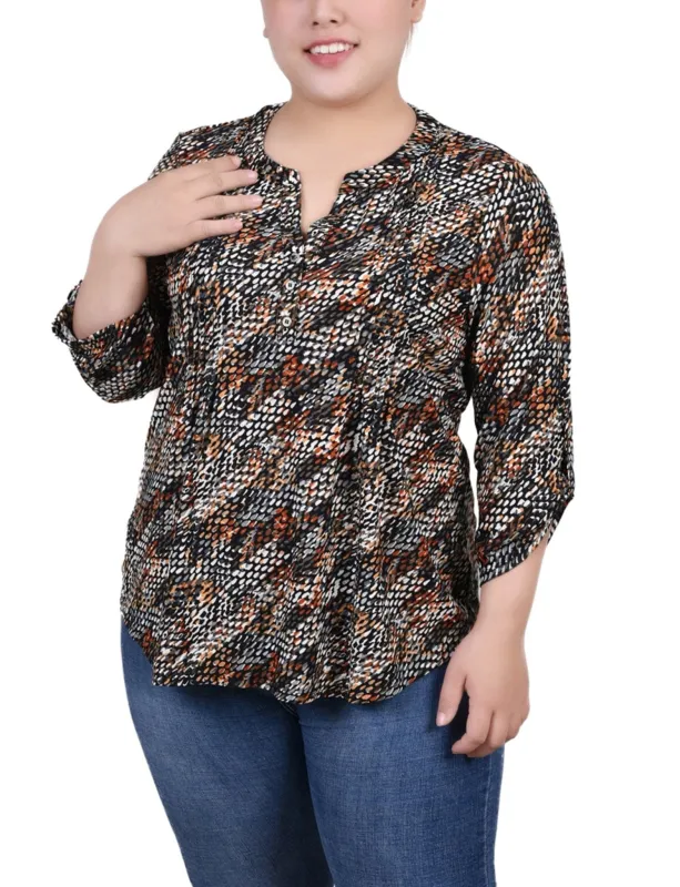Black Grey Rust Geo 3/4 Roll Tap Pullover Top - Plus sold by Dress Barn