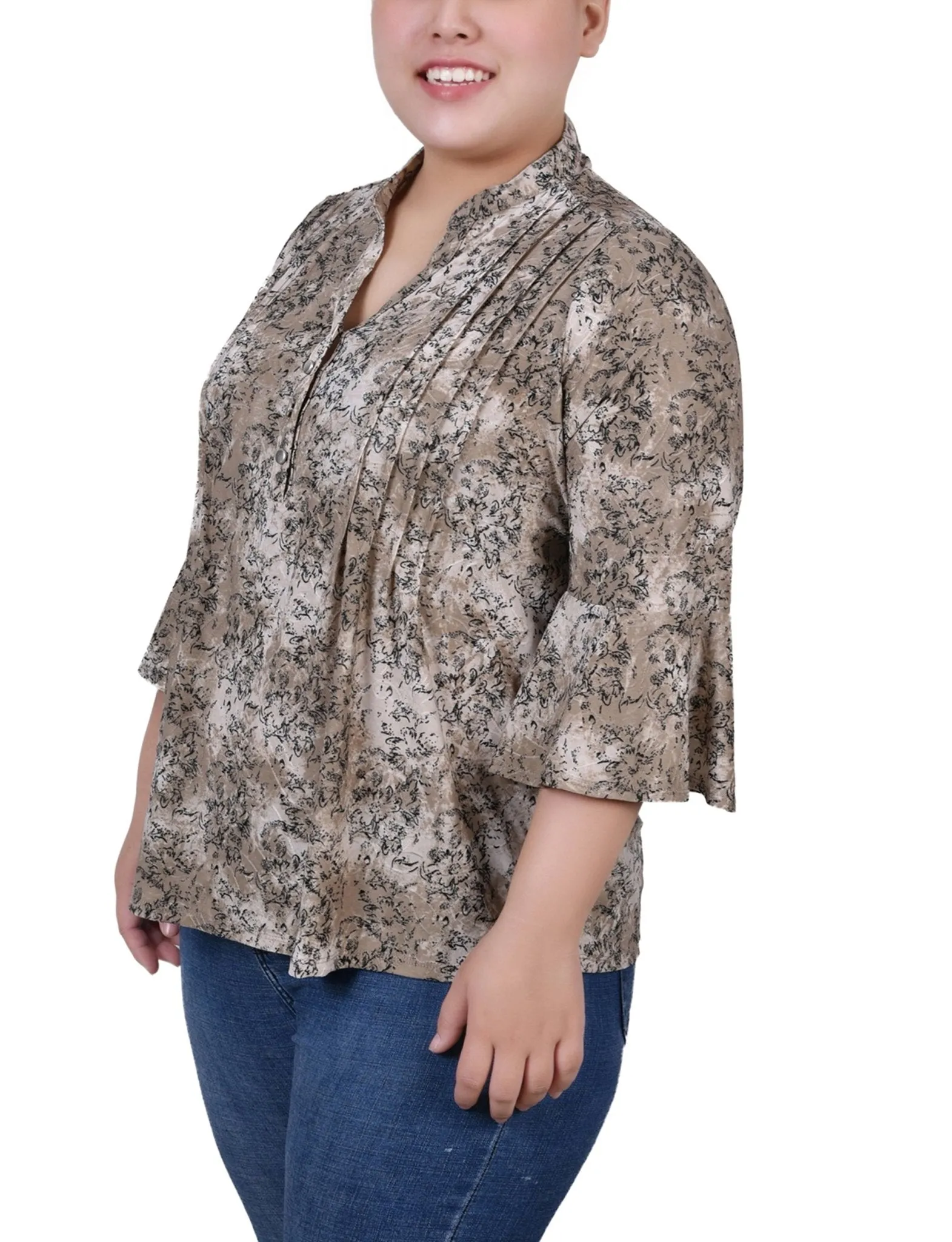 Taupe Etch 3/4 Bell Sleeve Pleat Front Y Neck Top - Plus sold by Dress Barn product image thumbnail 2