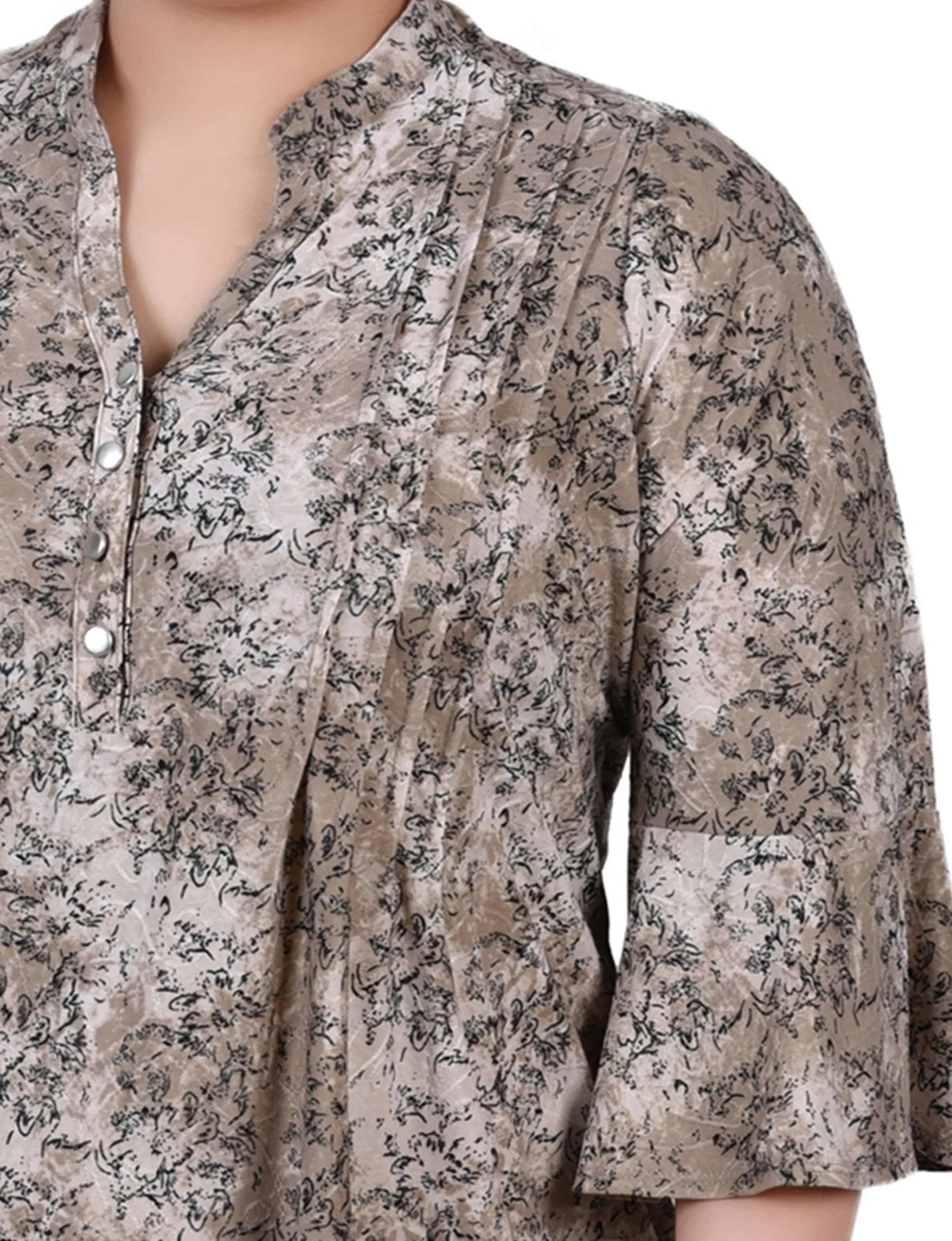 Taupe Etch 3/4 Bell Sleeve Pleat Front Y Neck Top - Plus sold by Dress Barn product image thumbnail 3