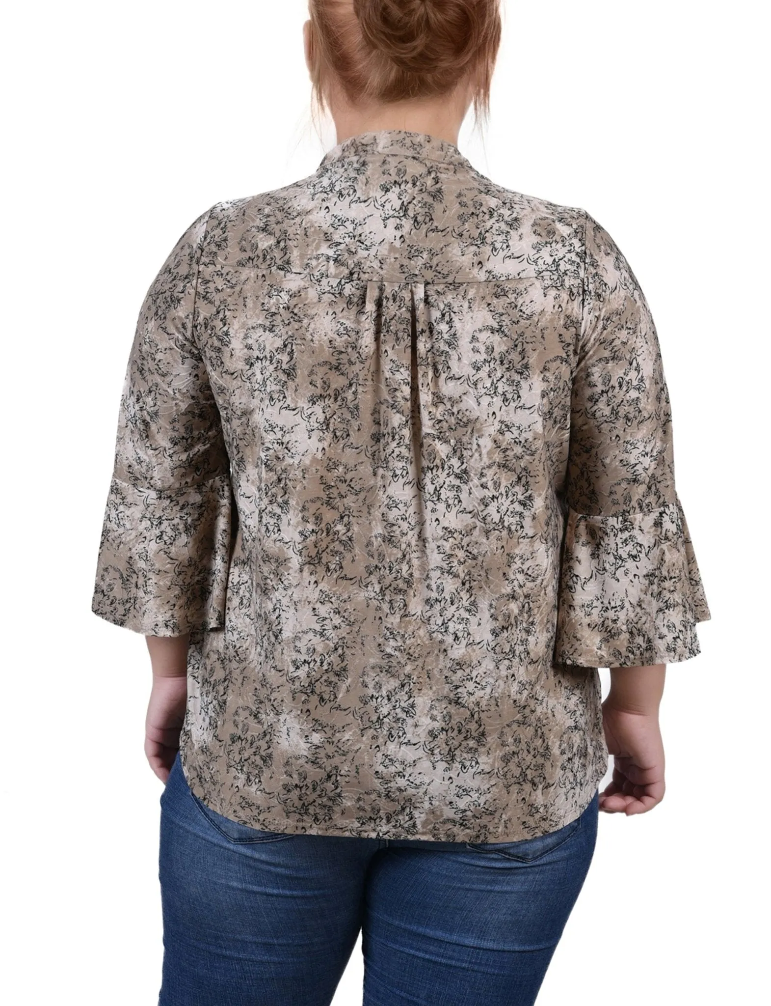 Taupe Etch 3/4 Bell Sleeve Pleat Front Y Neck Top - Plus sold by Dress Barn product image thumbnail 4