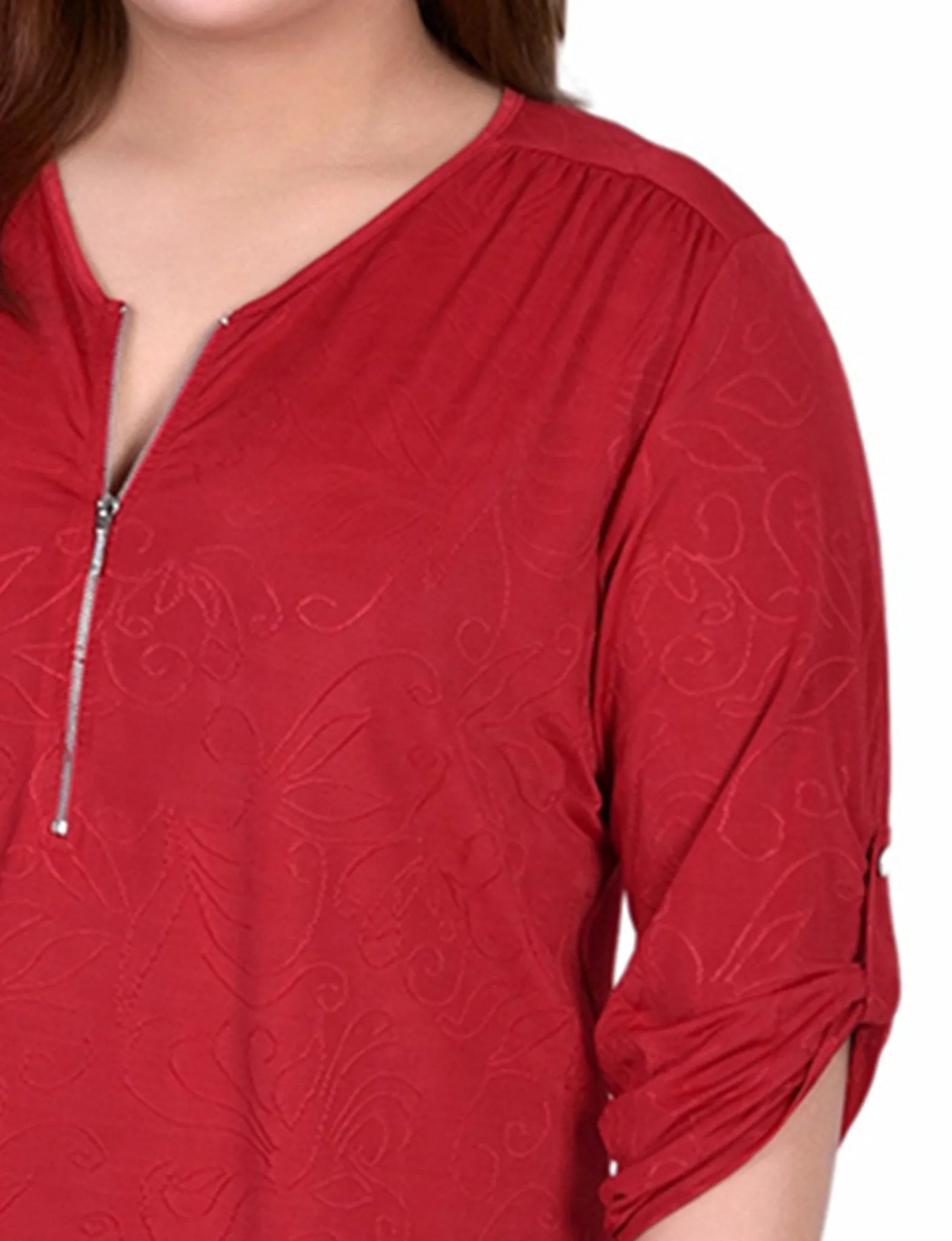 Red Sakadotduo 3/4 Roll Tab Zip Front Jacquard Knit Top - Plus sold by Dress Barn product image thumbnail 3