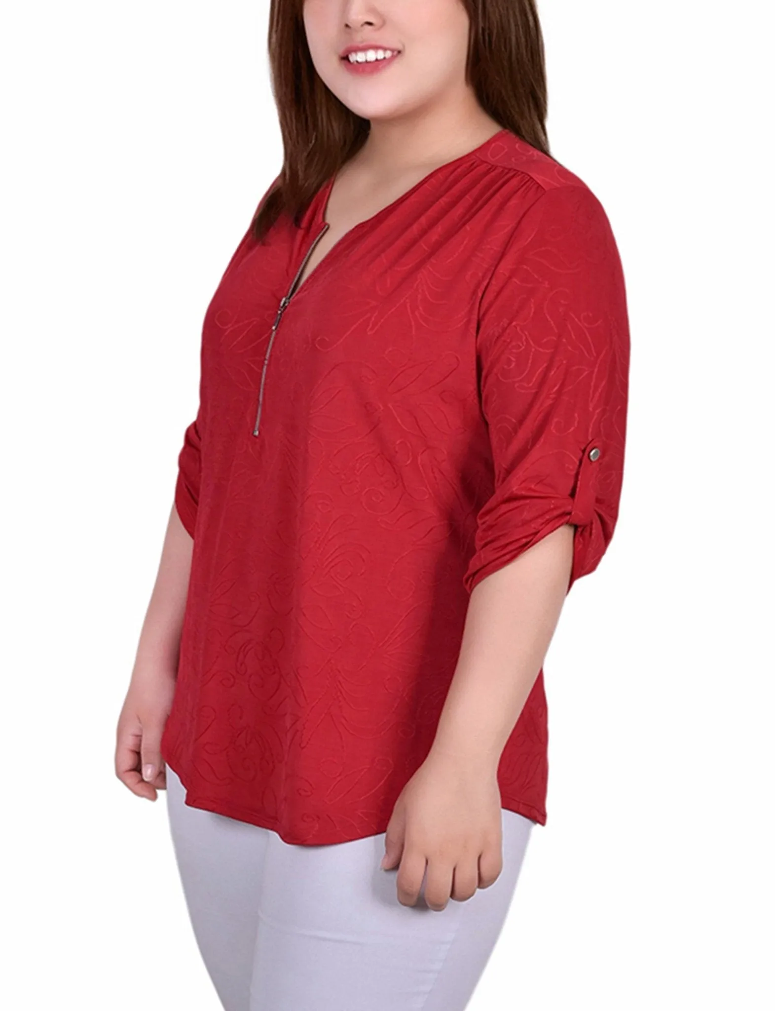 Red Sakadotduo 3/4 Roll Tab Zip Front Jacquard Knit Top - Plus sold by Dress Barn product image thumbnail 2