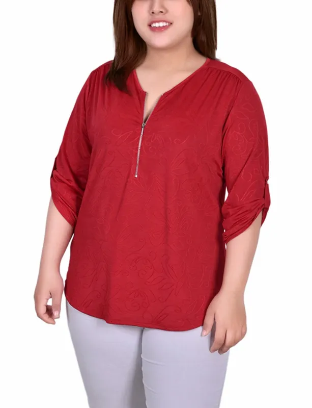 Red Sakadotduo 3/4 Roll Tab Zip Front Jacquard Knit Top - Plus sold by Dress Barn