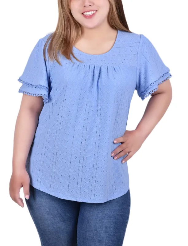Vista Blue Knit Eyelet Top With Double Sleeve - Plus sold by Dress Barn