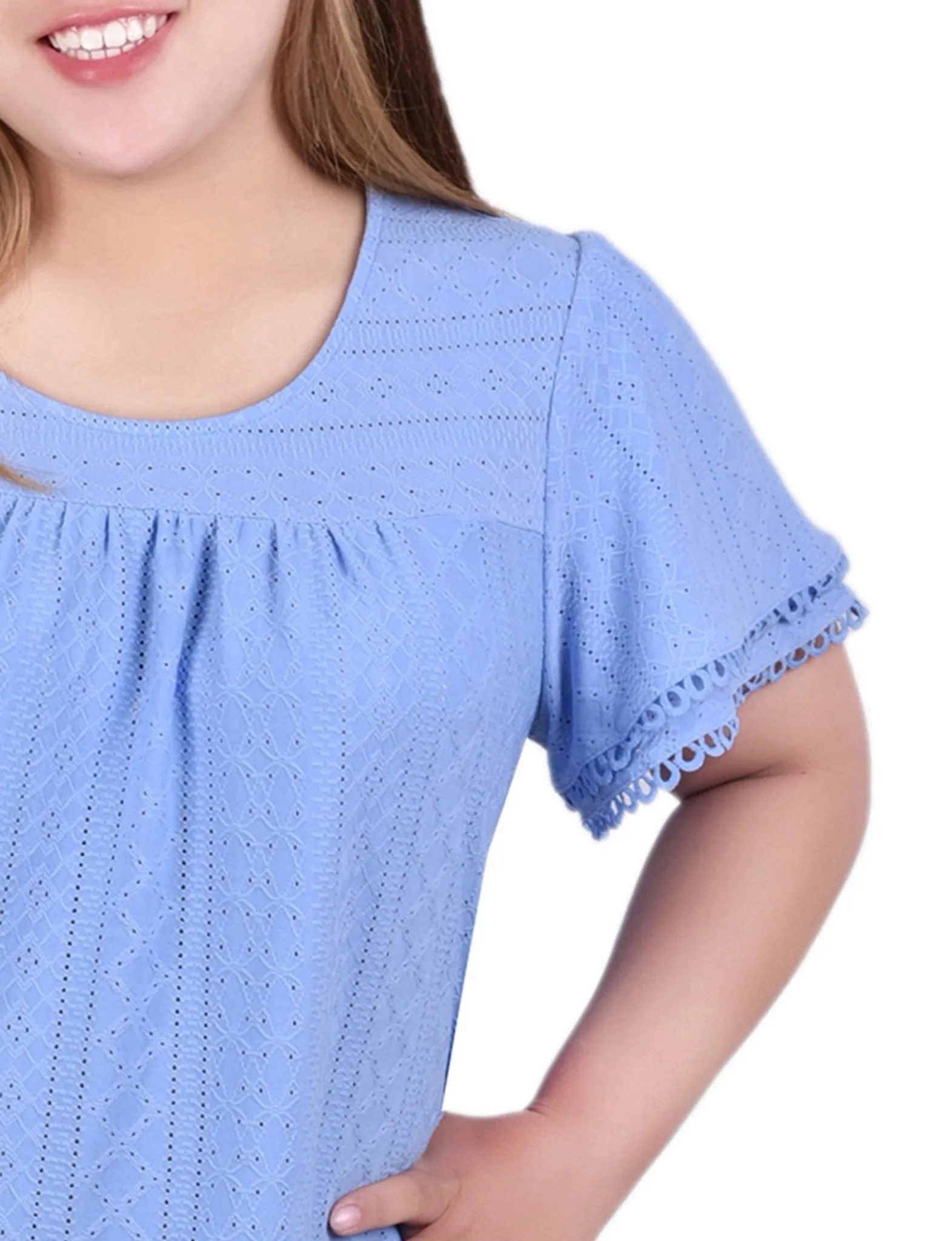 Vista Blue Knit Eyelet Top With Double Sleeve - Plus sold by Dress Barn product image thumbnail 3