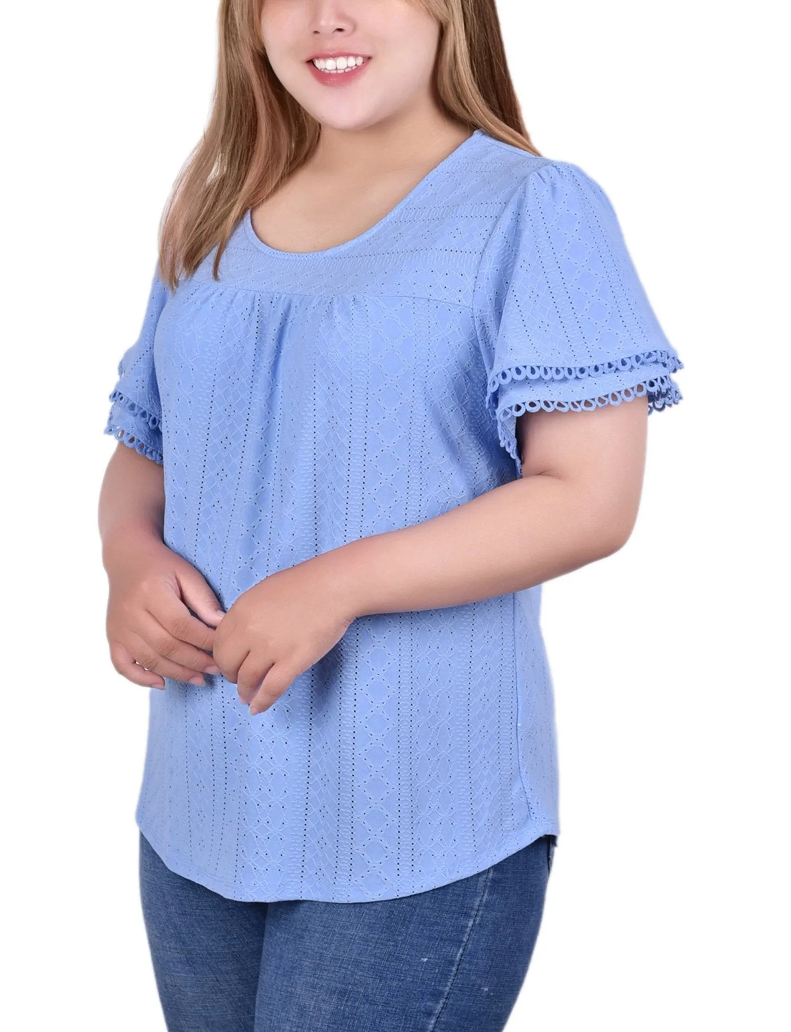 Vista Blue Knit Eyelet Top With Double Sleeve - Plus sold by Dress Barn product image thumbnail 2