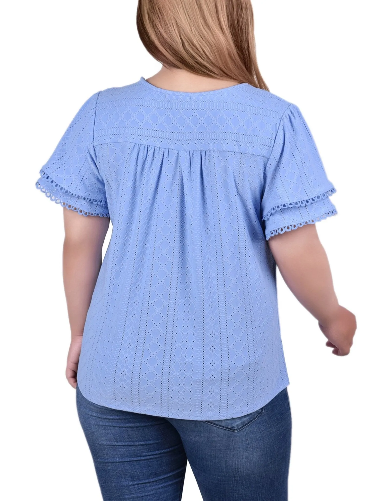 Vista Blue Knit Eyelet Top With Double Sleeve - Plus sold by Dress Barn product image thumbnail 4