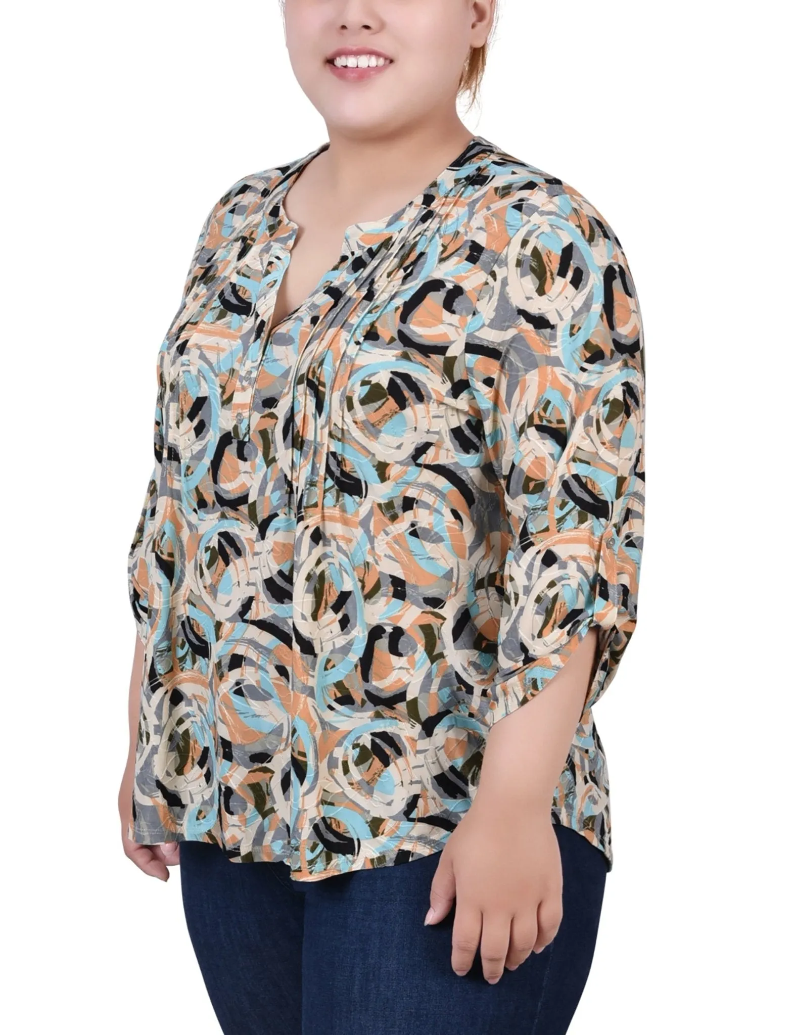 Autumn Blue Abstract 3/4 Roll Tap Pullover Top - Plus sold by Dress Barn product image thumbnail 2