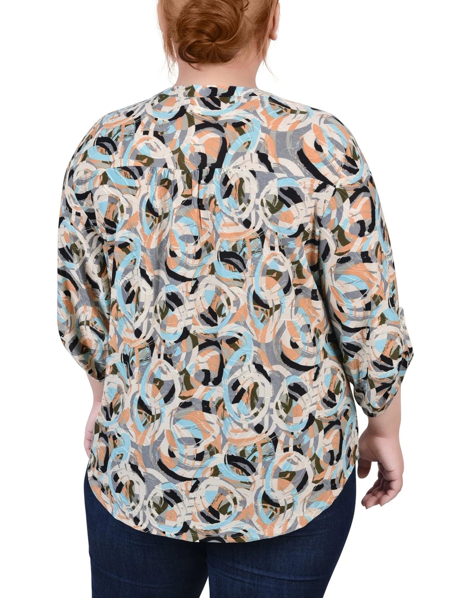 Autumn Blue Abstract 3/4 Roll Tap Pullover Top - Plus sold by Dress Barn product image thumbnail 4