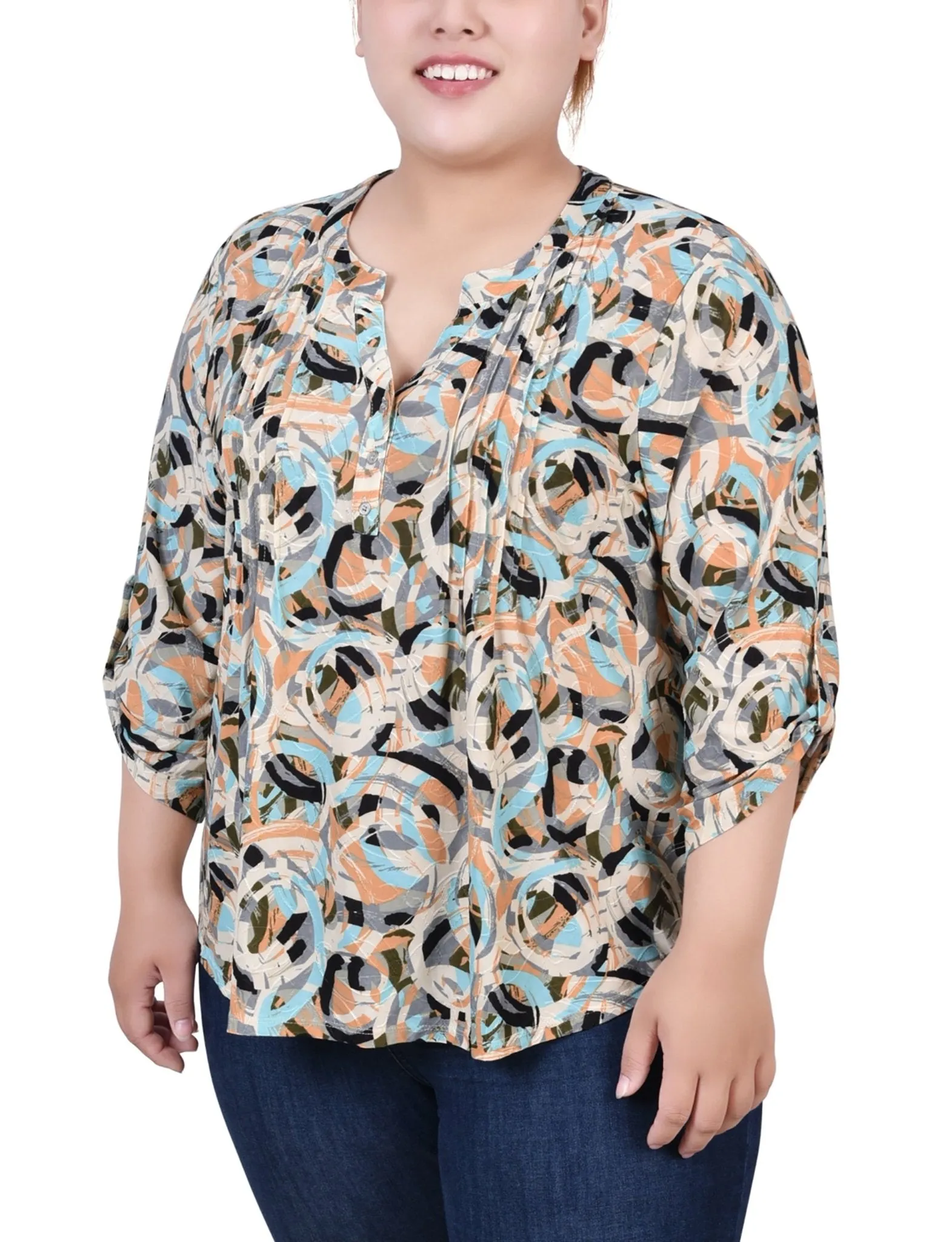 Autumn Blue Abstract 3/4 Roll Tap Pullover Top - Plus sold by Dress Barn
