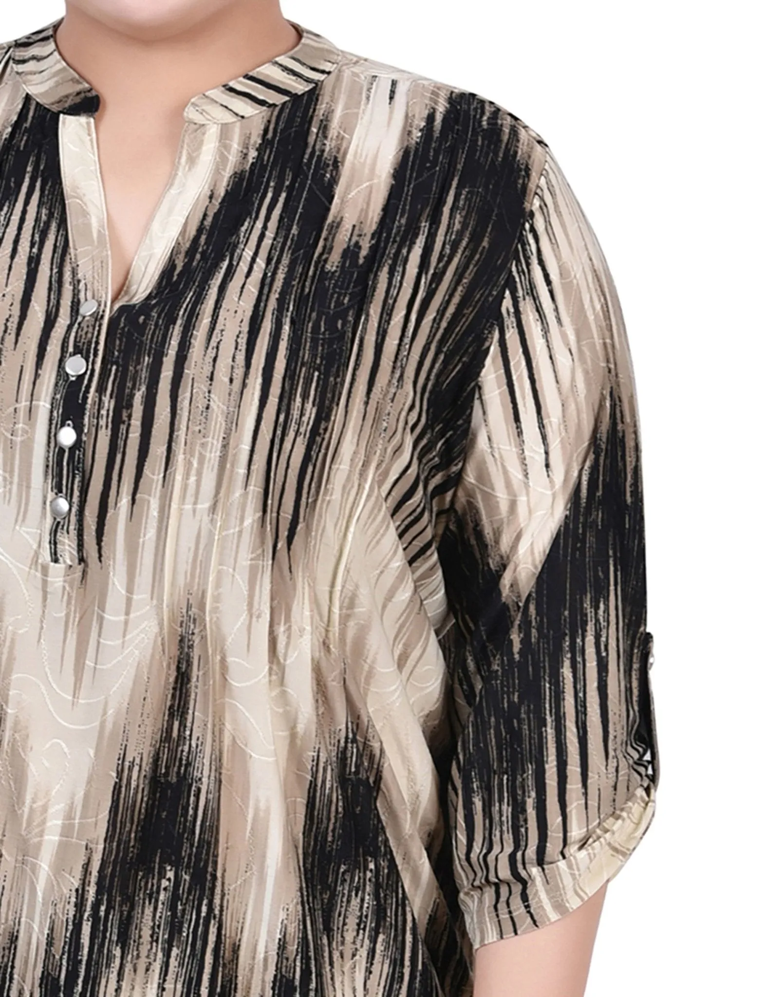 Khaki Chervon 3/4 Sleeve Roll Tab Y Neck Top - Plus sold by Dress Barn product image thumbnail 3