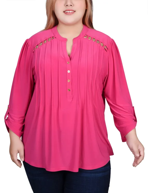 Beetroot Purple Pintuck Front Top With Chain Details - Plus sold by Dress Barn