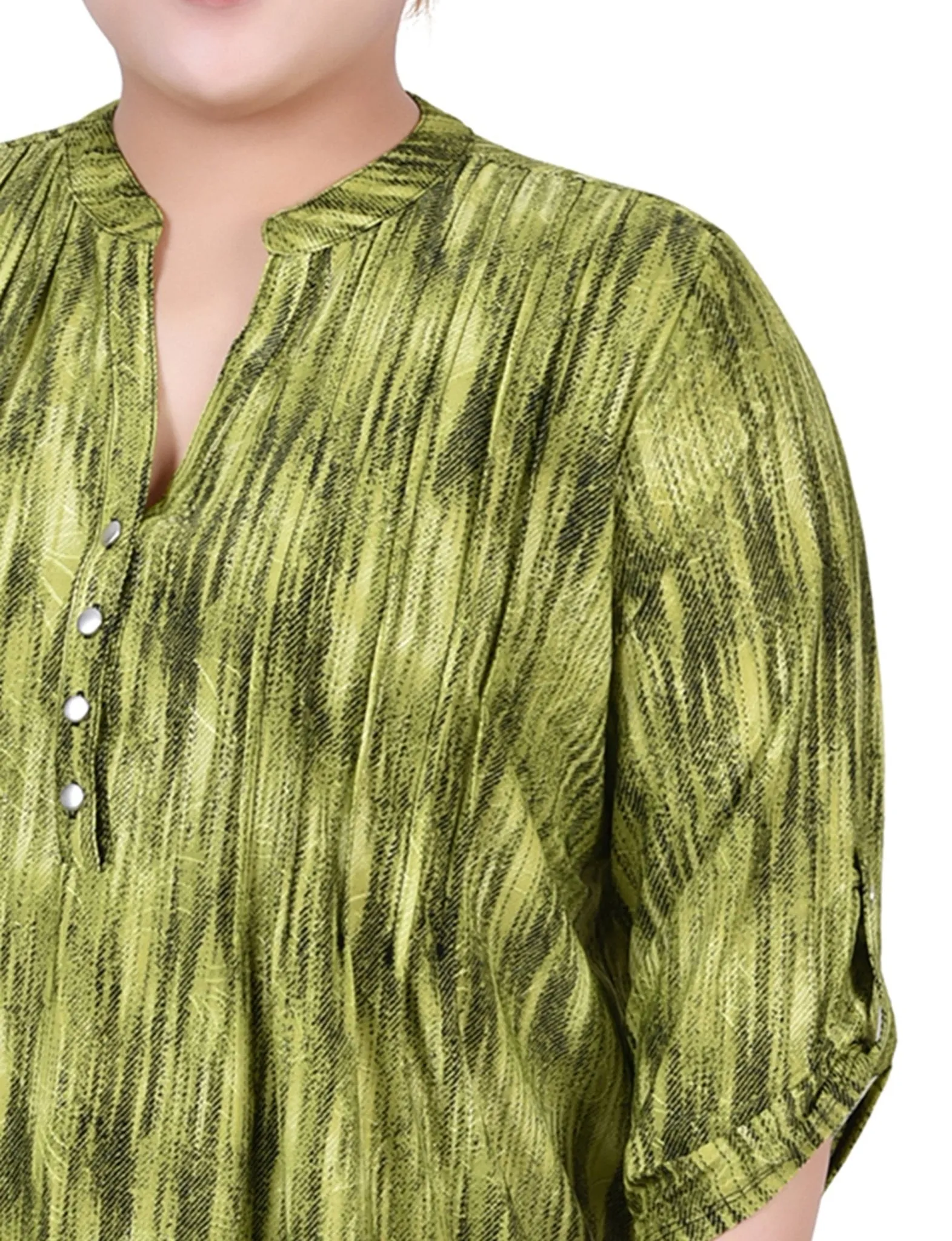 Chartreuse 3/4 Sleeve Roll Tab Y Neck Top - Plus sold by Dress Barn product image thumbnail 3