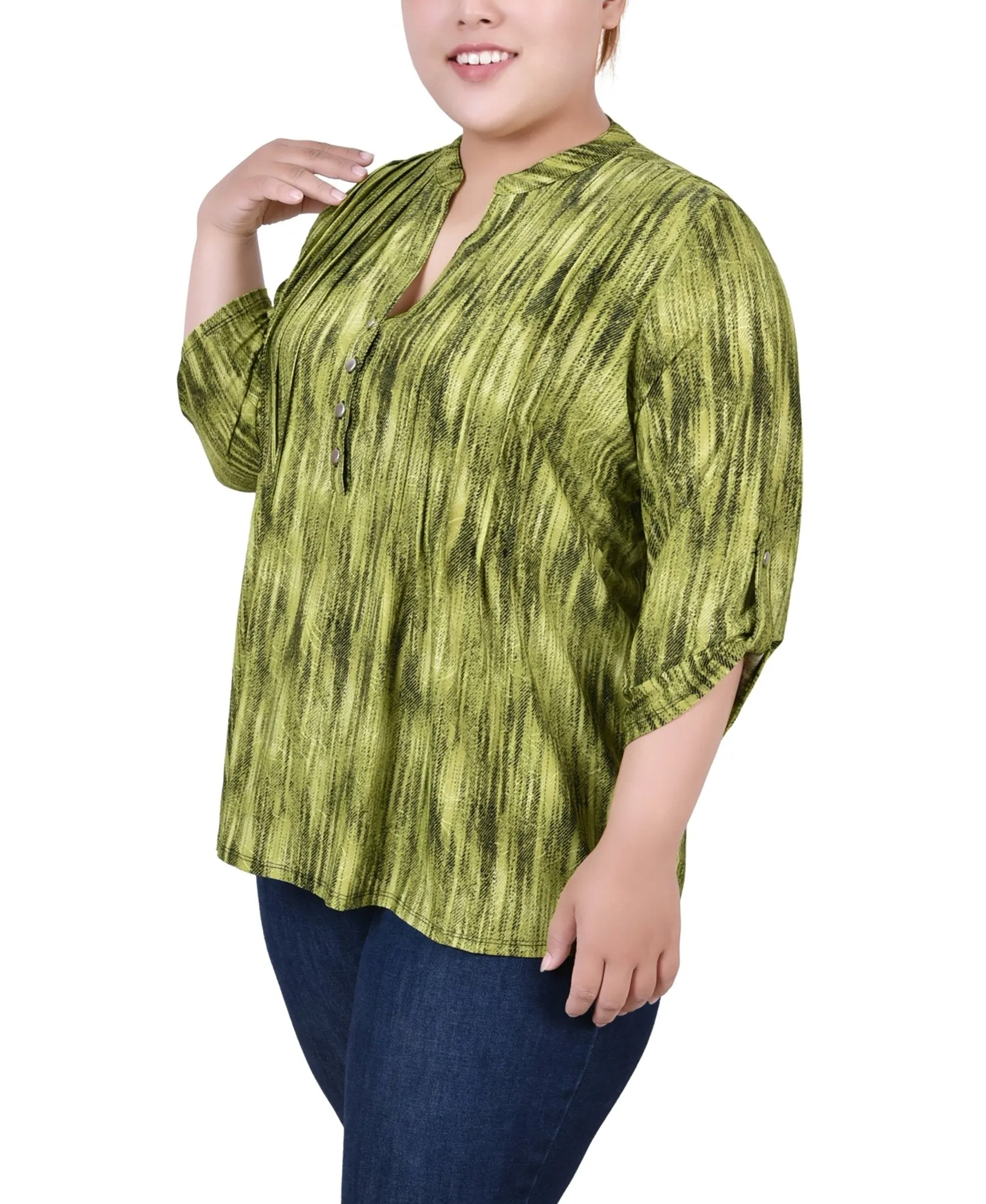 Chartreuse 3/4 Sleeve Roll Tab Y Neck Top - Plus sold by Dress Barn product image thumbnail 2