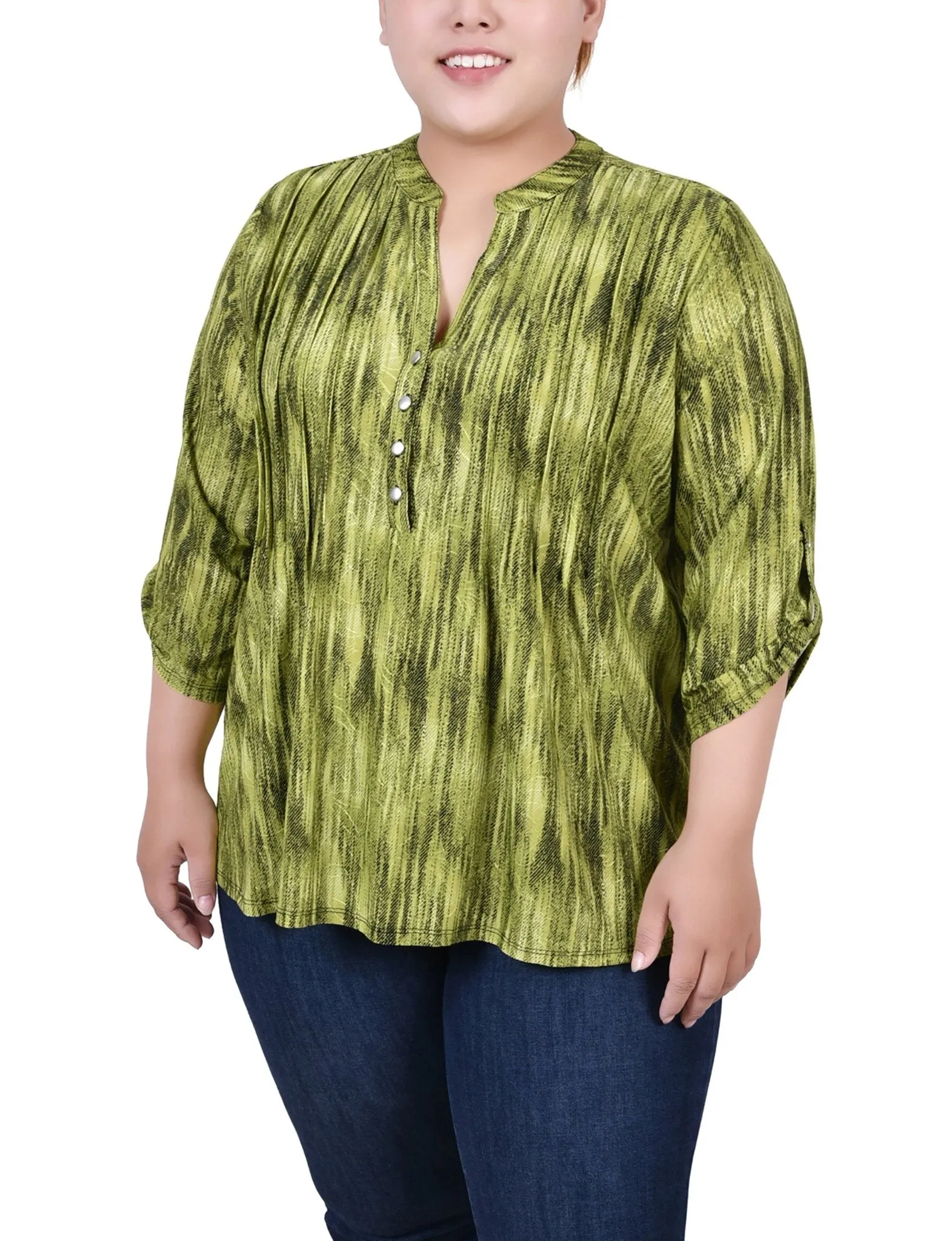 Chartreuse 3/4 Sleeve Roll Tab Y Neck Top - Plus sold by Dress Barn