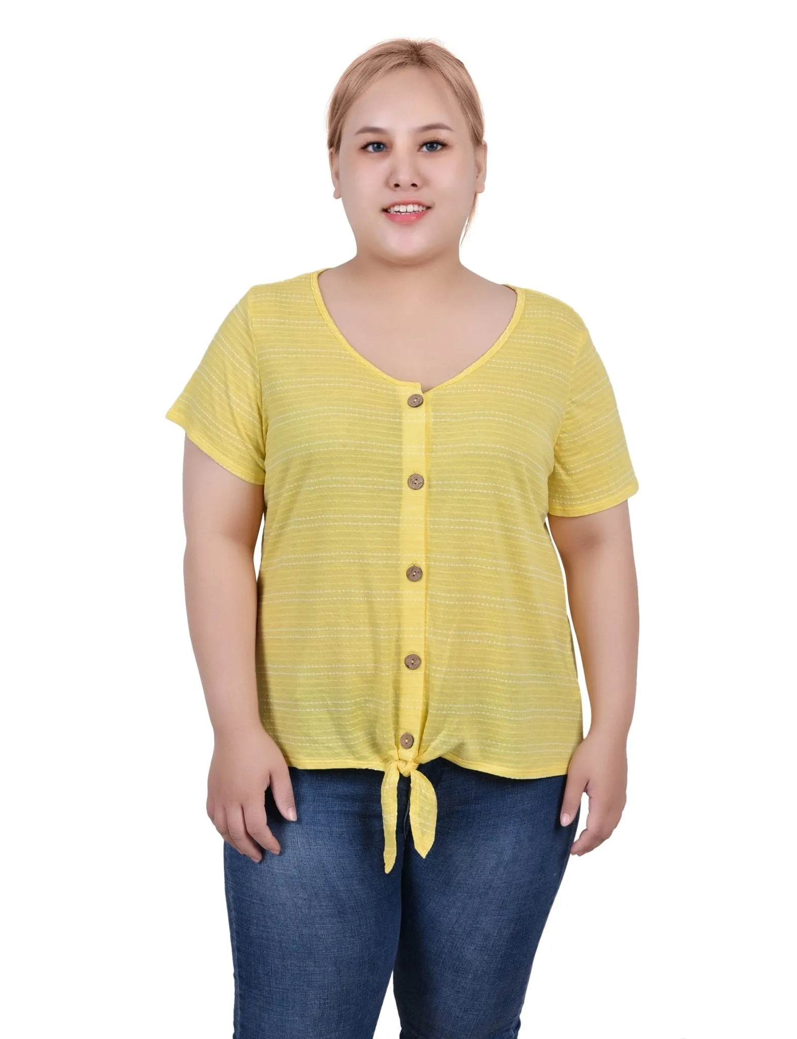 Yellow Short Sleeve Tie Front Top - Plus sold by Dress Barn