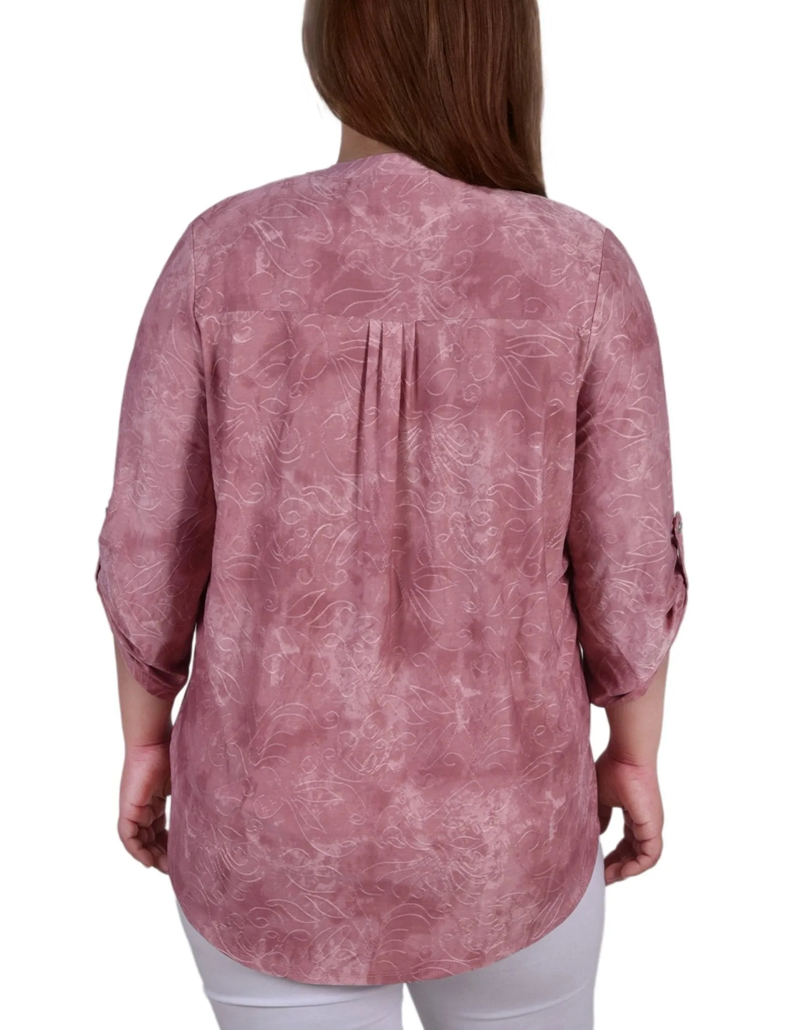 Mauve Tie Dye 3/4 Sleeve Roll Tab Y Neck Top - Plus sold by Dress Barn product image thumbnail 4